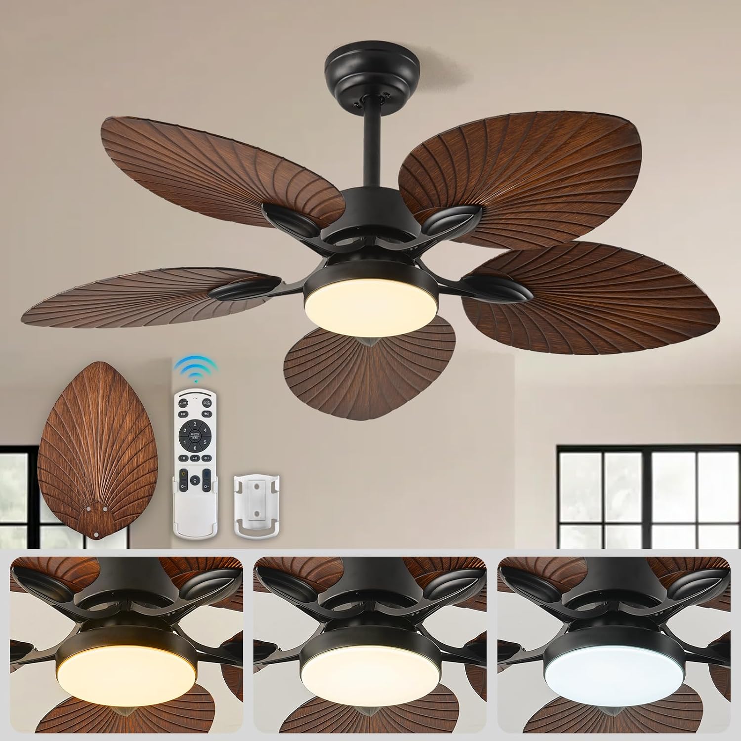 42-INCH Tropical Outdoor Ceiling Fan with Dimmable LED Light & Remote - Damp-Rated Palm Leaf Blades | Ultra Quiet DC Motor | 6 Speeds ideal for Patio Gazebo