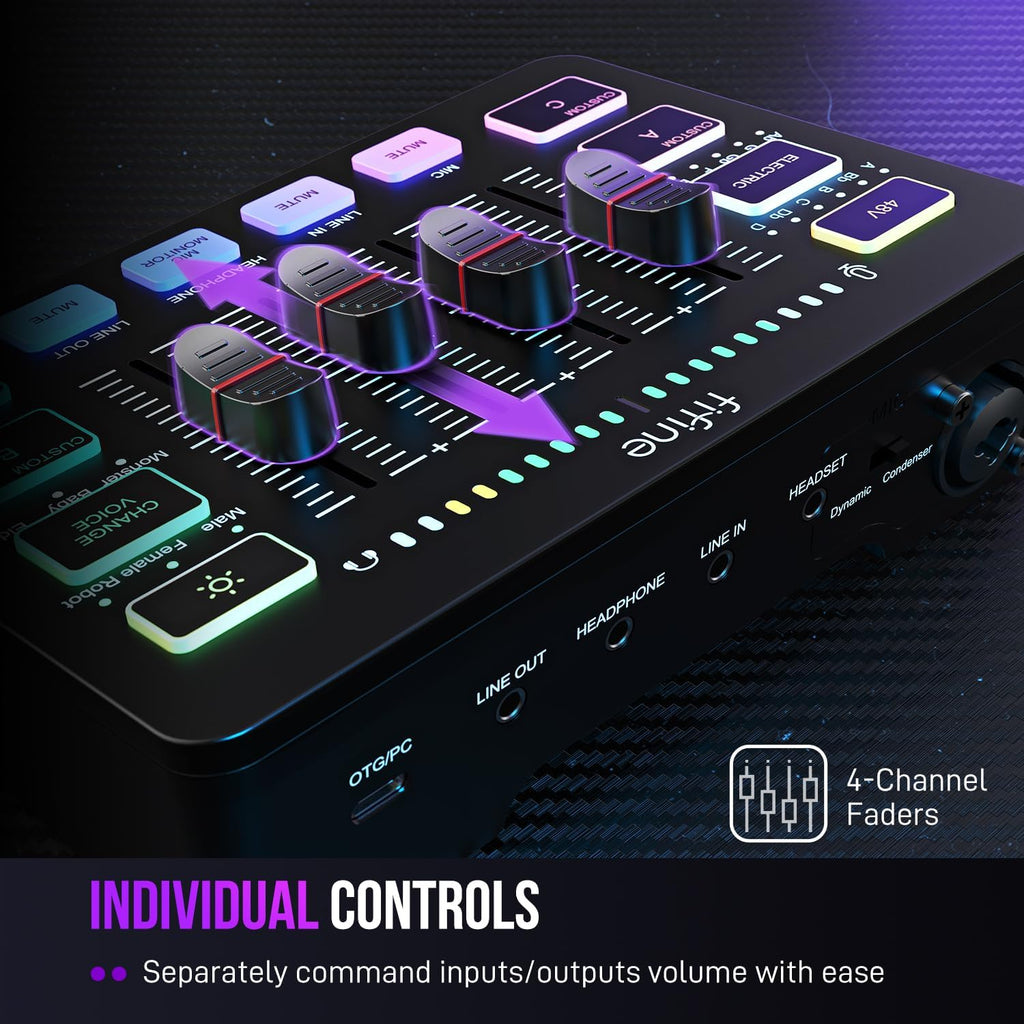 FIFINE Gaming Equipment Bundle with Audio Mixer, XLR/USB Microphone, XLR Cable Set for Streaming, Podcast, RGB PC Mixer with Individual Control, Volume Fader, Computer Dynamic Vocal Mic for Recording