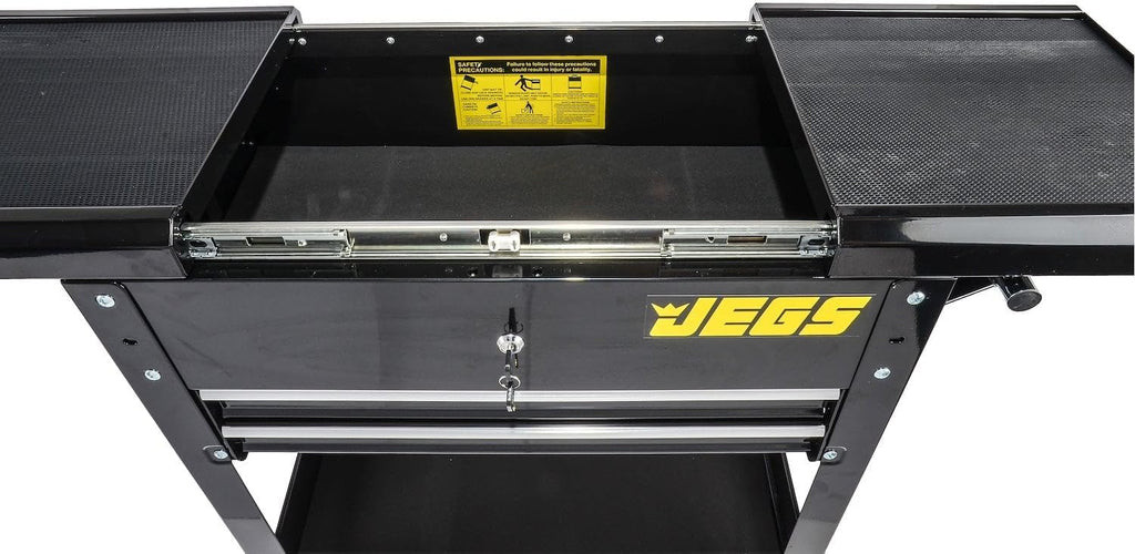 JEGS Heavy-Duty Tool Box Cart | 220 LBS Capacity | Uses Four 4' Caster Wheels | Includes 2 Keyes and 6 Drawer Liners | Black with JEGS Logo | 2 Locking Drawers | Sliding Top