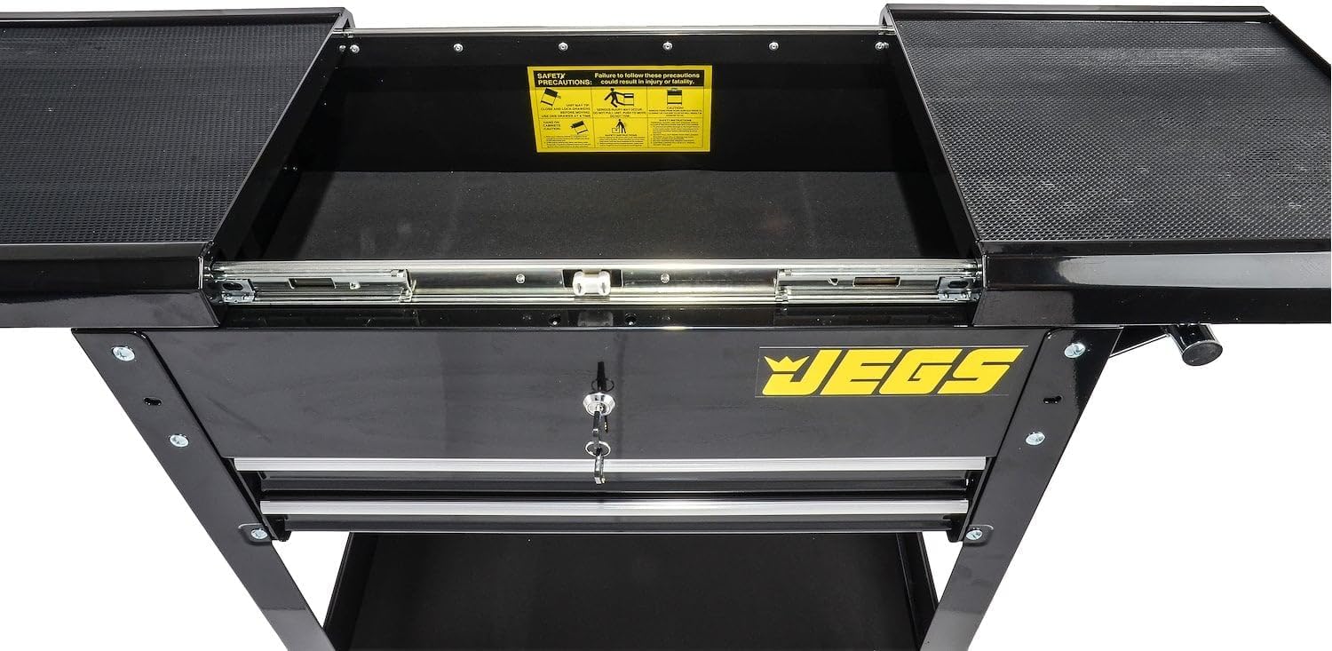 JEGS Heavy-Duty Tool Box Cart | 220 LBS Capacity | Uses Four 4' Caster Wheels | Includes 2 Keyes and 6 Drawer Liners | Black with JEGS Logo | 2 Locking Drawers | Sliding Top