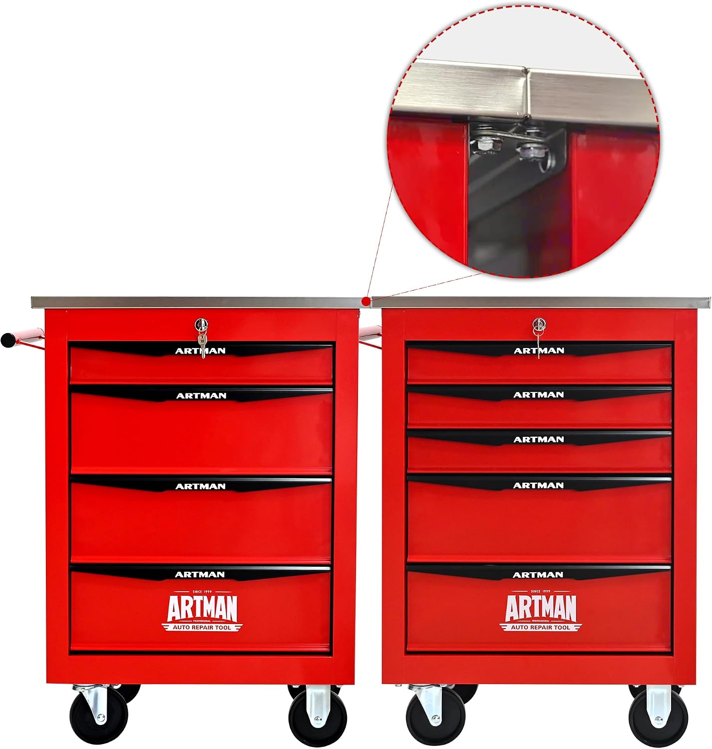 RYH 4/5/6/7 Drawers Rolling Tool Chest -Heavy Duty Mobile Metal Tool Box with Locking Wheels, with Stainless Steel Worktop, Garage Tool Storage Cabinet (Red, 4-Drawers 30.7' H×22.2' W)