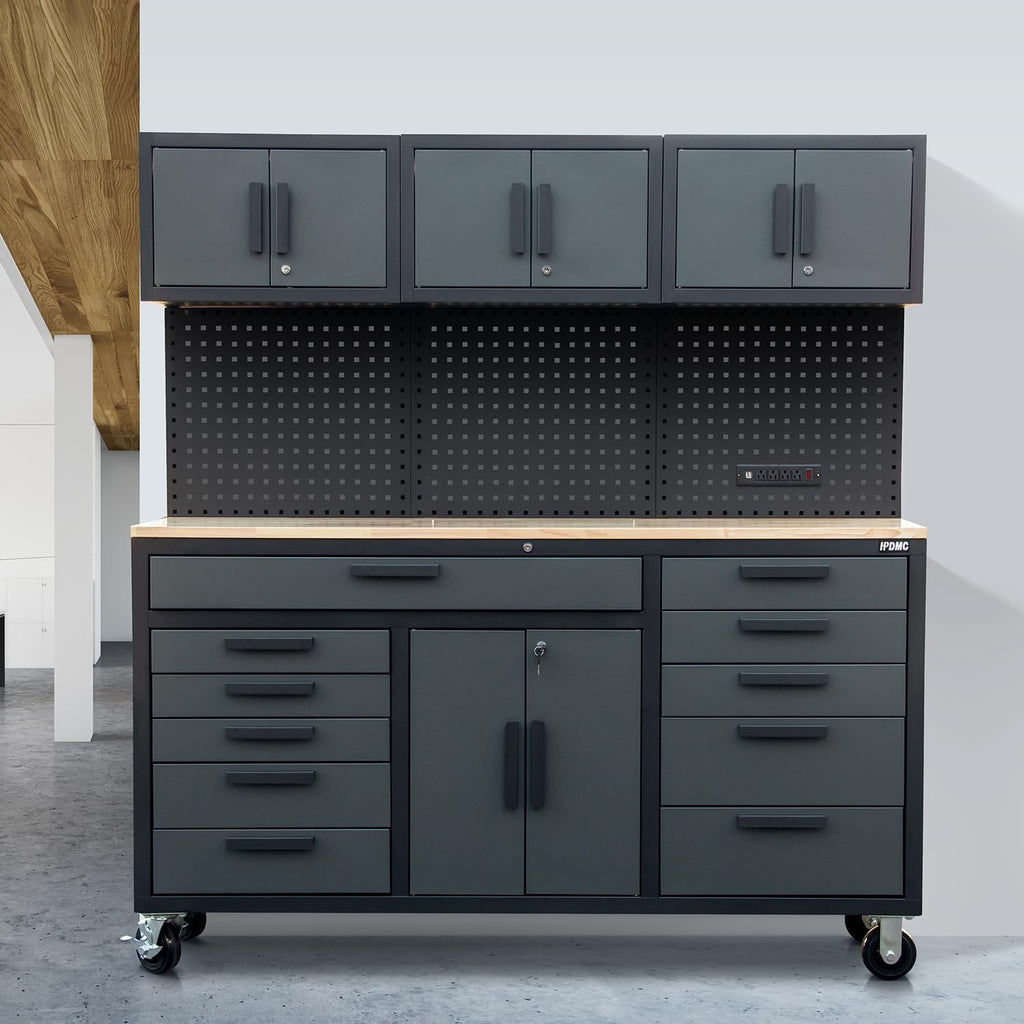 72in Rolling Tool Chest Cabinet, 2PCS Mobile Garage Workbench Heavy-Duty Tool Cabinet on Wheels with 11 Drawers, 2-Door Cabinet, 3 Top Cabinet, Pegboard & Power Strip for Tool Organization