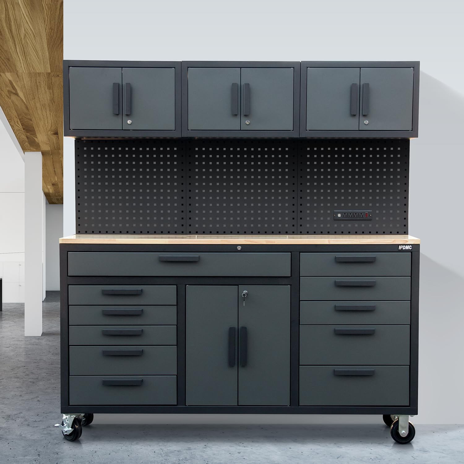 72in Rolling Tool Chest Cabinet, 2PCS Mobile Garage Workbench Heavy-Duty Tool Cabinet on Wheels with 11 Drawers, 2-Door Cabinet, 3 Top Cabinet, Pegboard & Power Strip for Tool Organization
