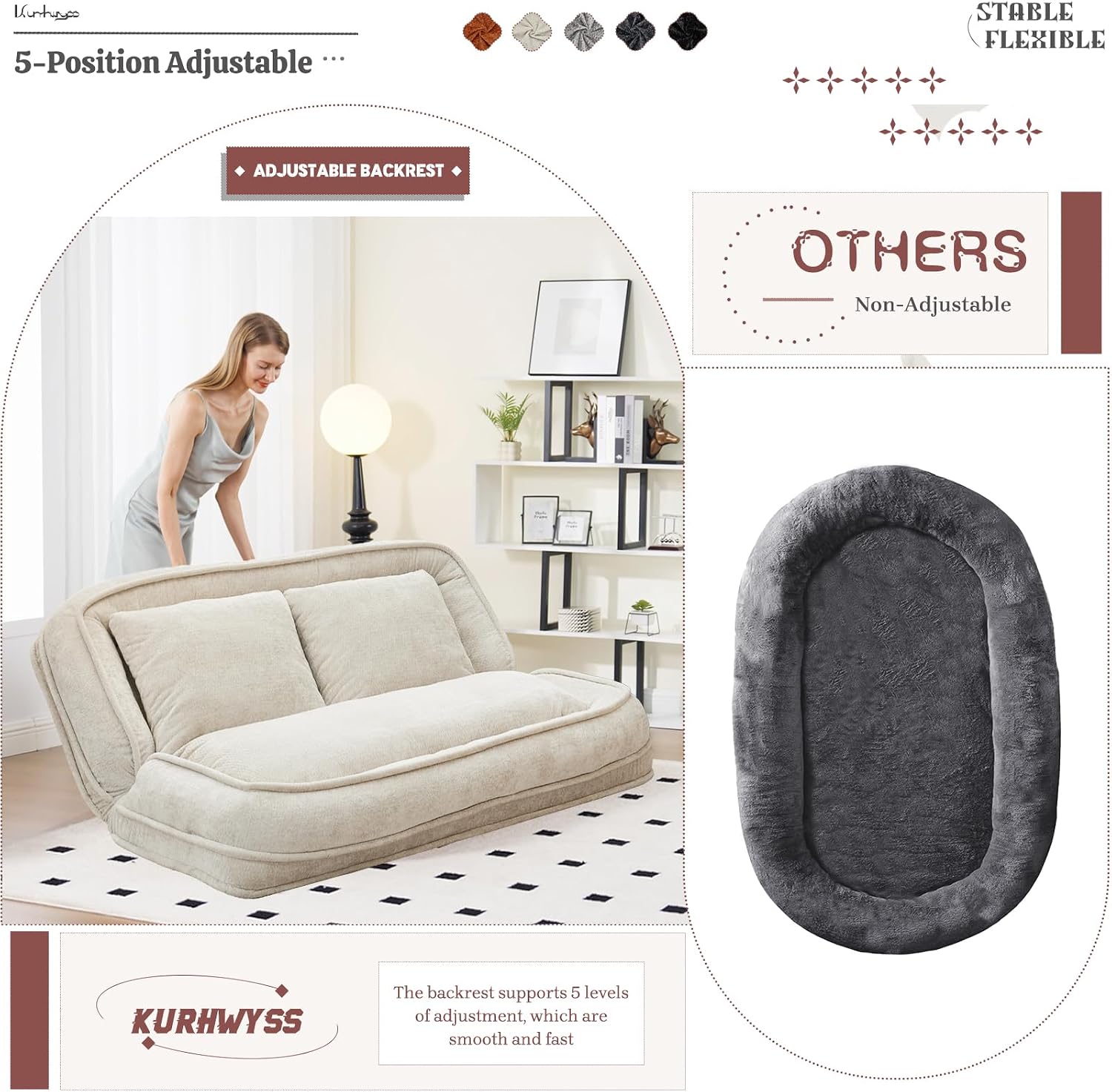 Extra Large Human Dog Bed for Adult & Pets, Convertible Floor Sofa Bed with 5 Adjustable Position, Lazy Couch Giant Bean Bag Lounge Chair Comfy Tatami with 3 Pillows for Bedroom Living Room (Beige)