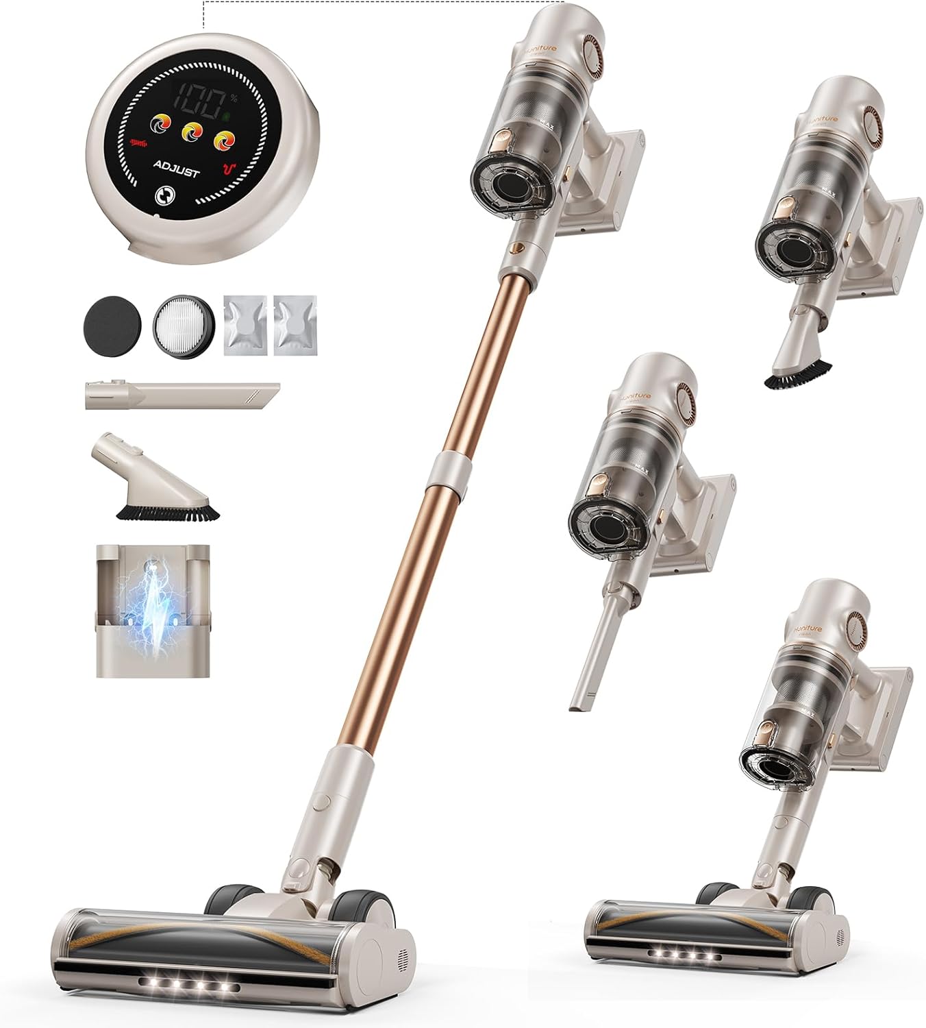 Cordless Vacuum Cleaner,80Mins/50kpa/600W Vacuum Cleaners for Home,Stick Vacuums with Self-Standing,Touch Screen,LED Headlights, Anti-Tangle,Rechargeable,Lightweight,for Carpet,Hard Floor, Pet Hair
