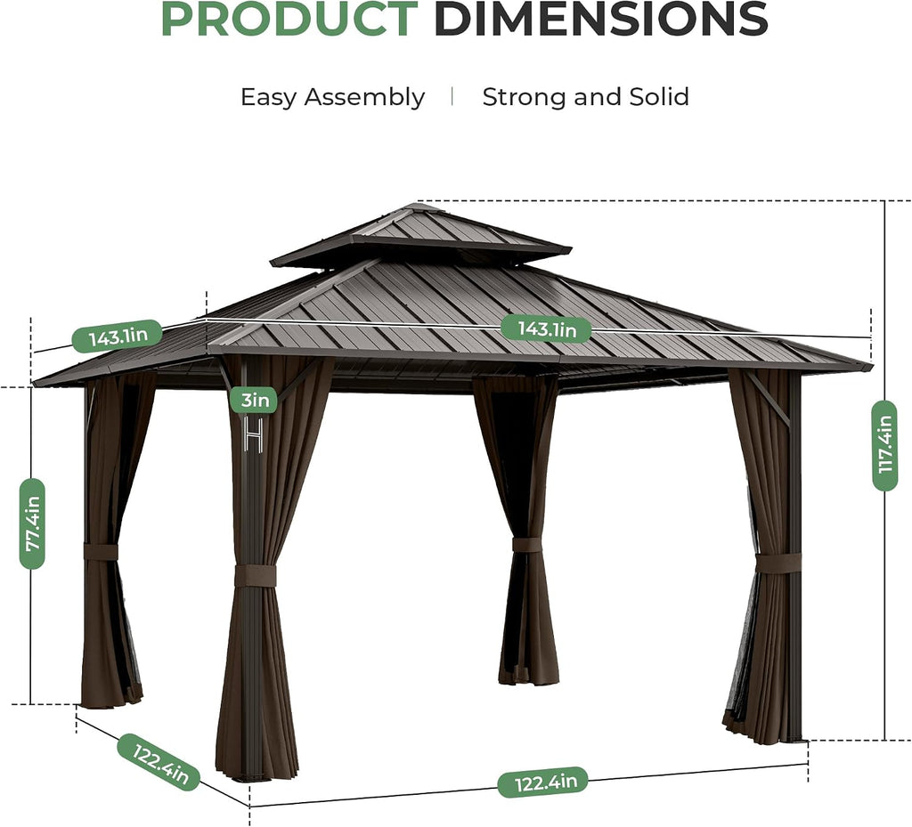12' x 12' Hardtop Gazebo, Aluminum Frame with Double Galvanized Steel Roof, Outdoor Metal Gazebo with Netting & Curtains for Backyard, Garden, or Deck, Brown
