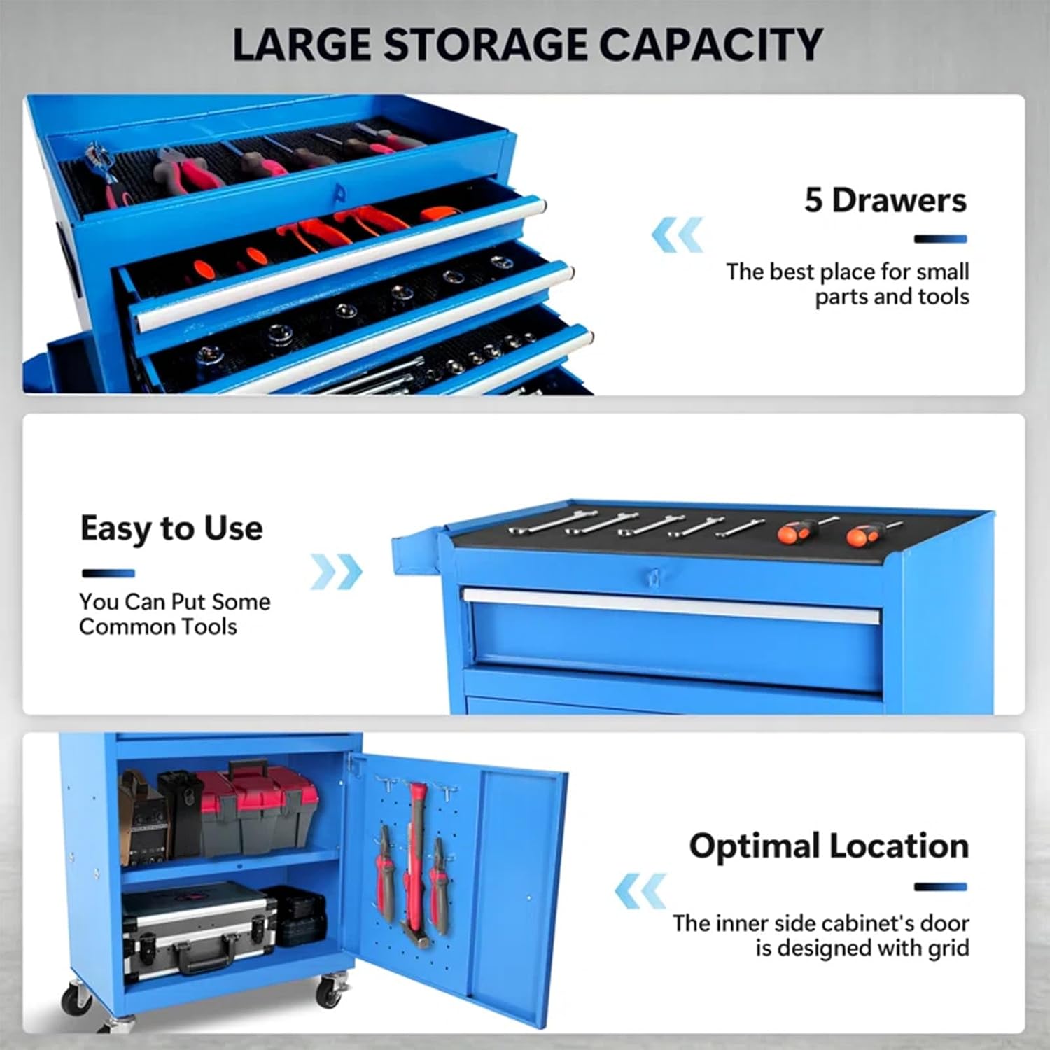 Dawmilon 5-Drawer Rolling Tool Chest, Detachable Top Tool Box, Lockable Metal Tool Cabinet with Wheels, Adjustable Shelf and Liner for Garage Workshop Storage, Blue