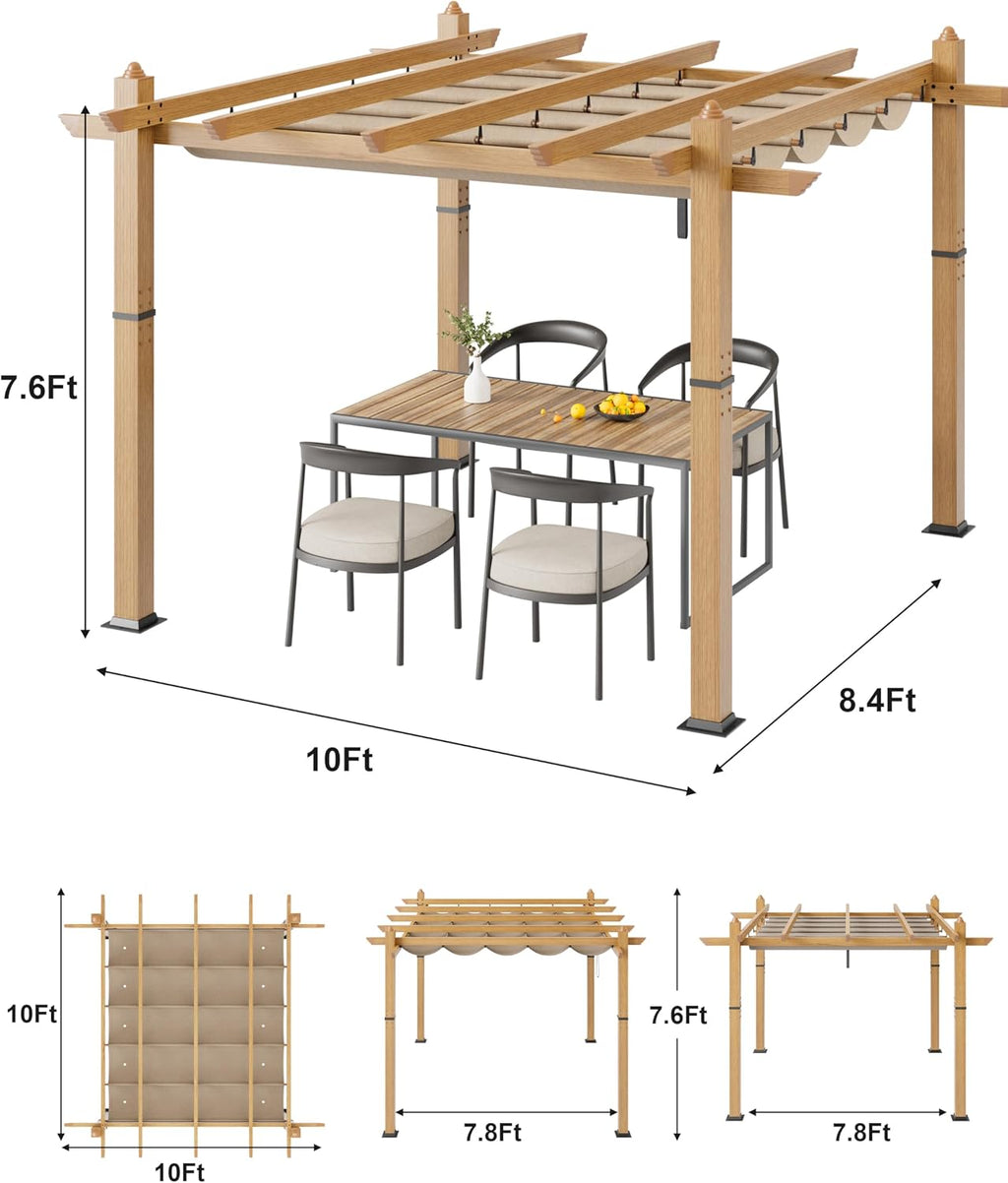 GarveeLife 10x10 ft Outdoor Pergola with Retractable Canopy Upgraded Outdoor Aluminium Pergola, Faux Wood Grain Metal Patio Gazebo for Modern Backyard Deck for Porch, Awning, Grape Trellis, Khaki