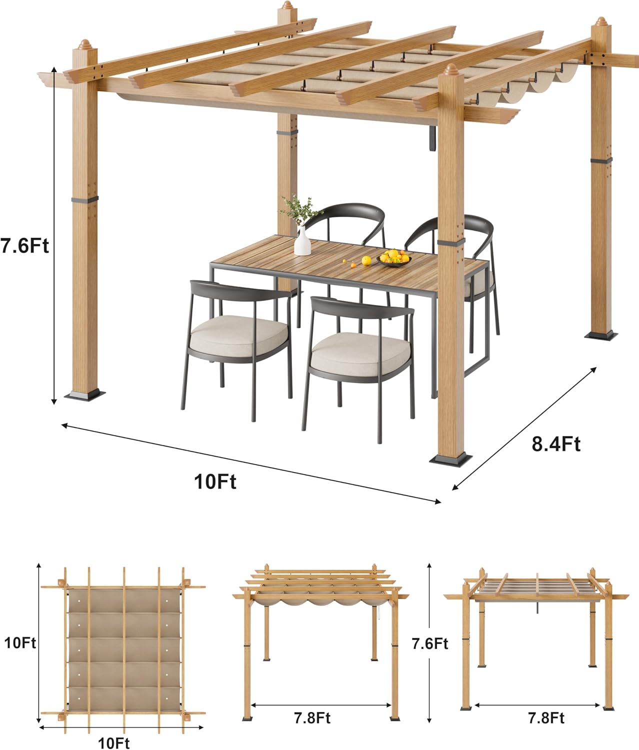 GarveeLife 10x10 ft Outdoor Pergola with Retractable Canopy Upgraded Outdoor Aluminium Pergola, Faux Wood Grain Metal Patio Gazebo for Modern Backyard Deck for Porch, Awning, Grape Trellis, Khaki