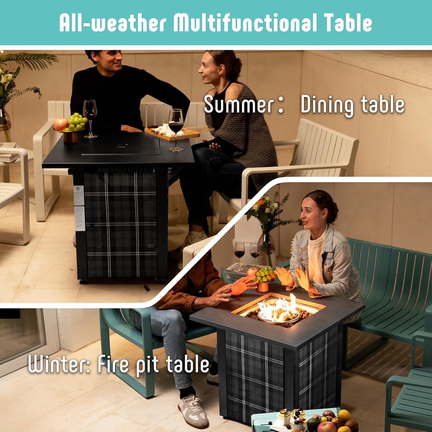 Werph 28 in Propane Fire Pit Table, ETL-Certified Fire Table with Lava Rocks for Patio Deck Garden Courtyard, 50,000 BTU Square Fire Pit Table with Lid, Black