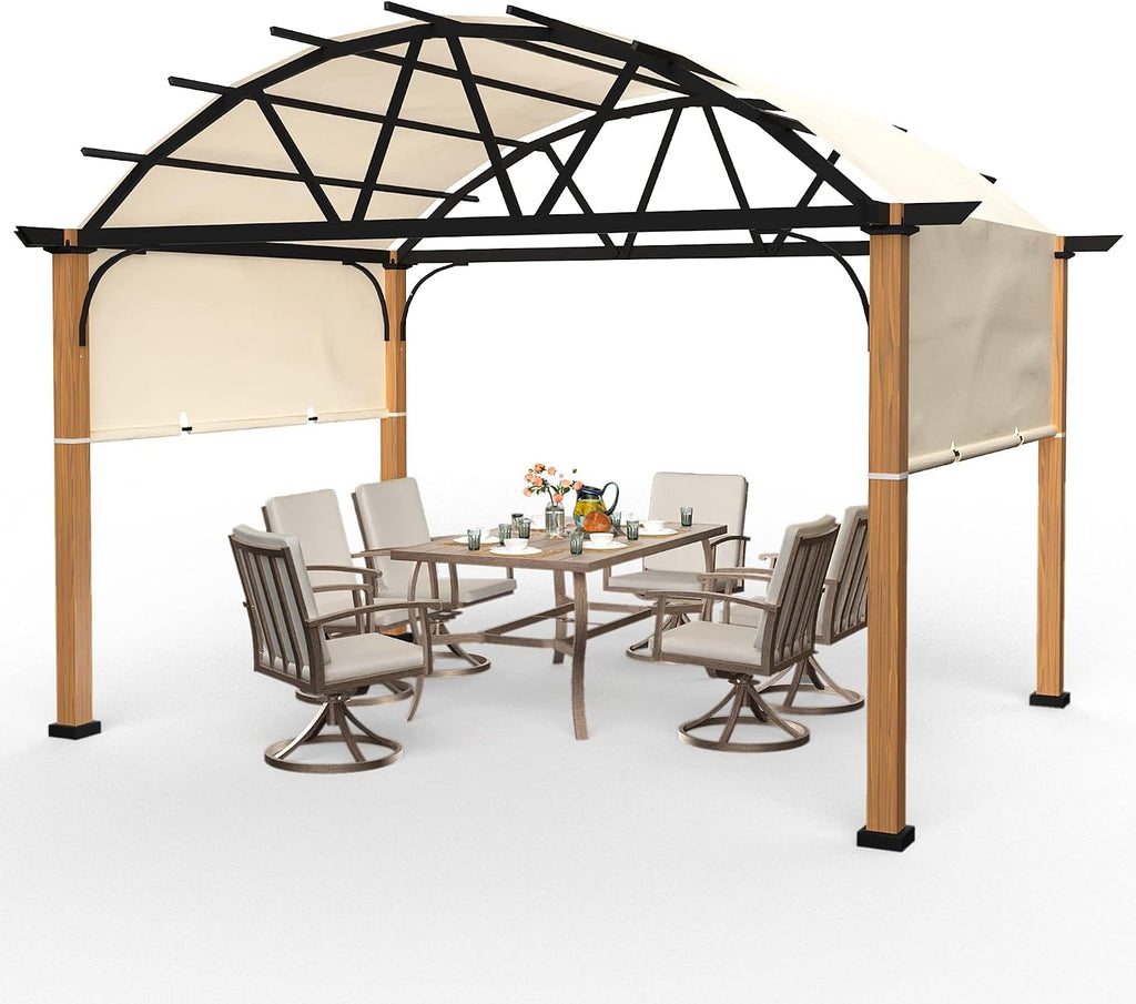 HAPPATIO 10' X 13' Outdoor Pergola with Sling Retractable Canopy, Wood-Like Aluminum Patio Pergola Shade for Patio, Backyard, Garden,Poolside