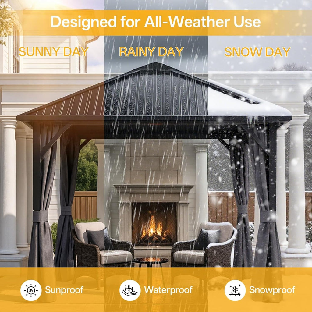 10x10 Hardtop Aluminum Gazebo, Outdoor Metal Gazebo with Netting & Curtains - Heavy Duty Iron Roof for Patios, Waterproof & Snow Load Resistant (Single Hardtop Gazebo)