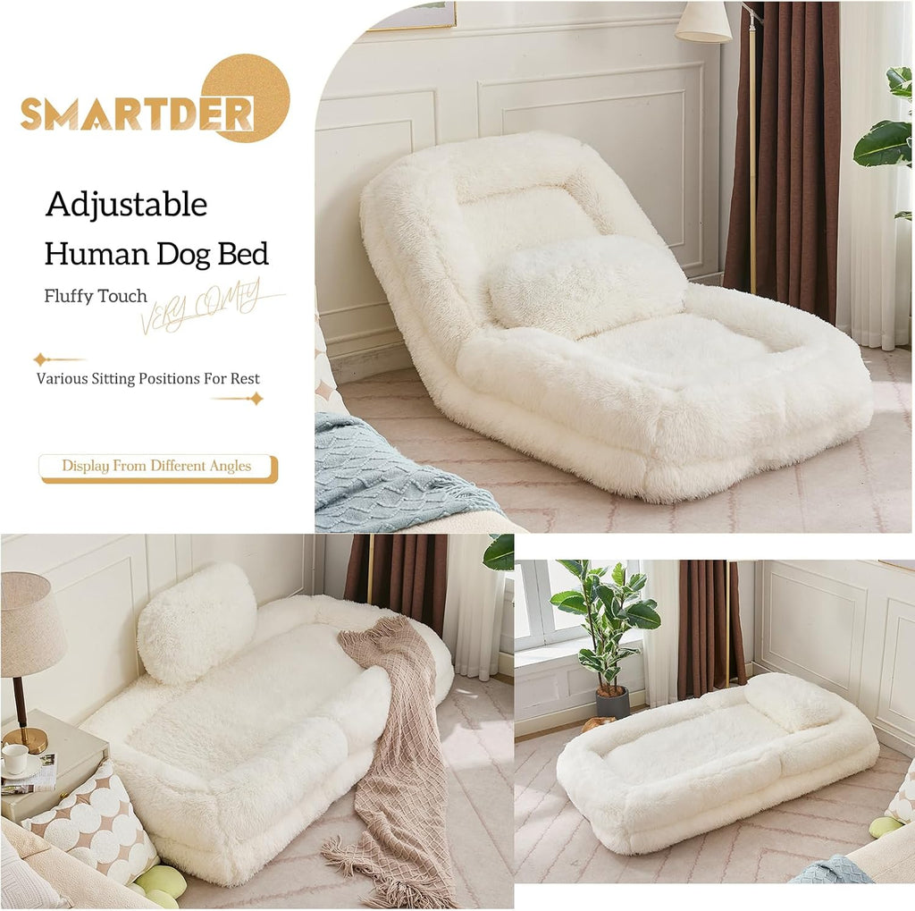 Adjustable Plush Human Dog Bed Lounger for Adult, 5-Position Foldable Lazy Lounge Sofa, Large Size Bean Bag Chair with Pillow, Folding Floor Chair for Living Room, Bedroom, Gaming Room, Beige