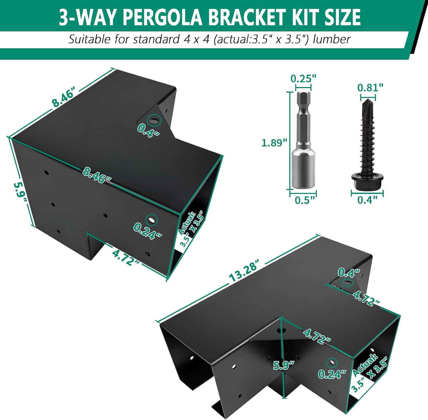 Pergola Bracket kit,3-Way & 4-Way Right Corner Angle Woodwork Bracket for 4' x 4' (Actual: 3.5' x3.5'') Wood Beam for Outdoor Gazebos,Patio Pergolas,Log Cabins - 6Pack