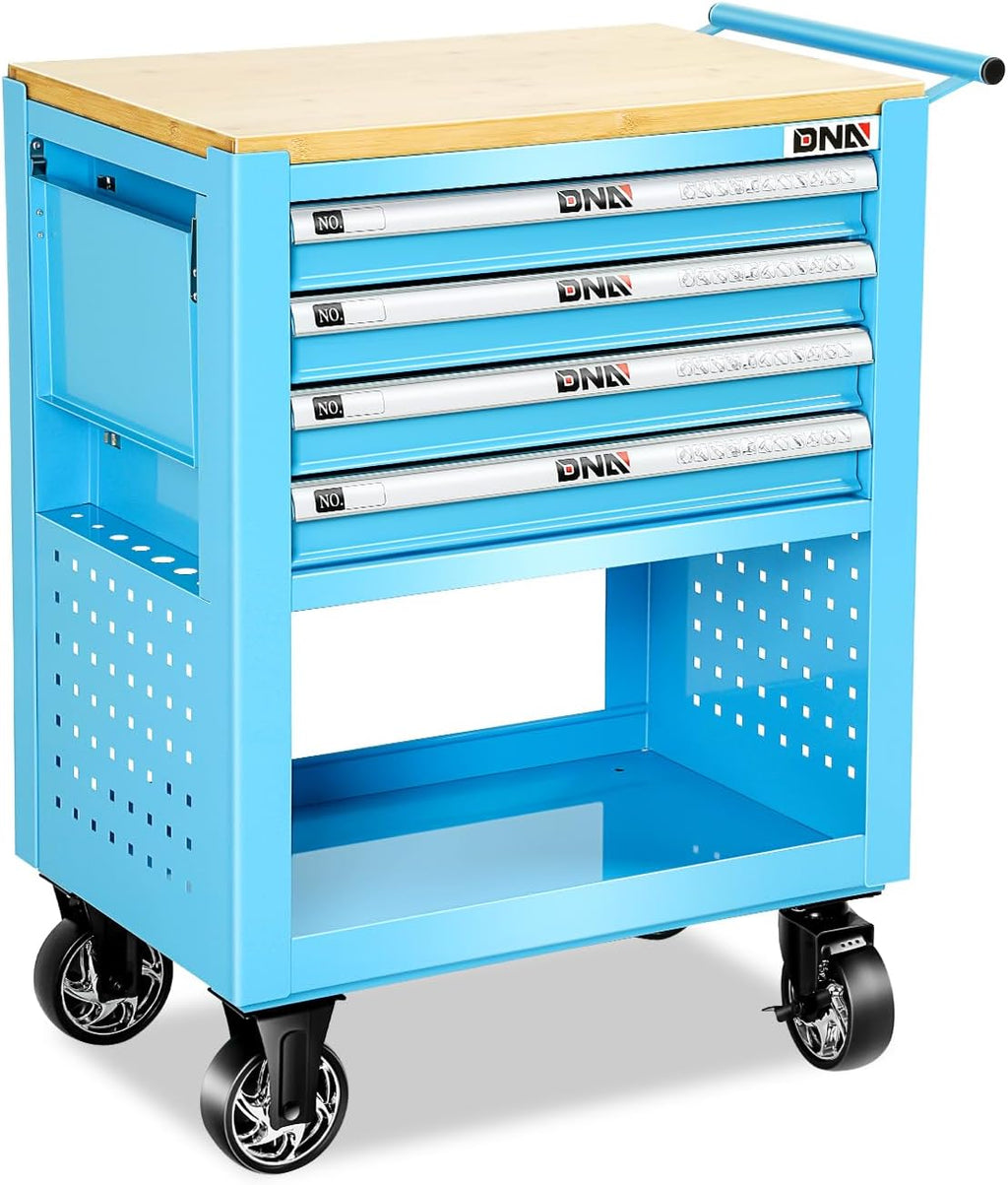DNA Motoring 4-Drawer Rolling Tools Chest, Rolling Tool Storage Cabinet, Heavy Duty Mechanic Tool Cart, Trolley Organizer for Garage, Warehouse, Workshop, Blue, TOOLS-00484