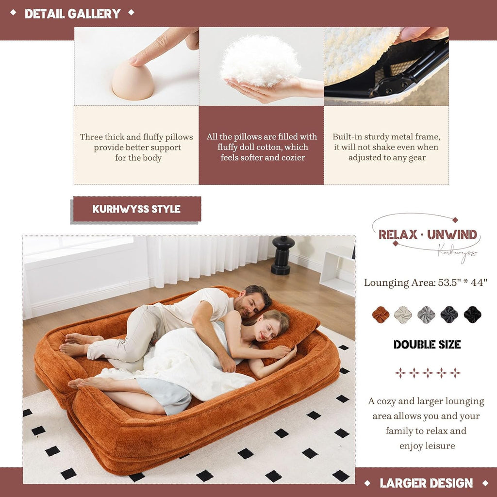 Extra Large Human Dog Bed for Adult & Pets, Convertible Floor Sofa Bed with 5 Adjustable Position, Lazy Couch Giant Bean Bag Lounge Chair Comfy Tatami with 3 Pillows for Bedroom Living Room (Orange)