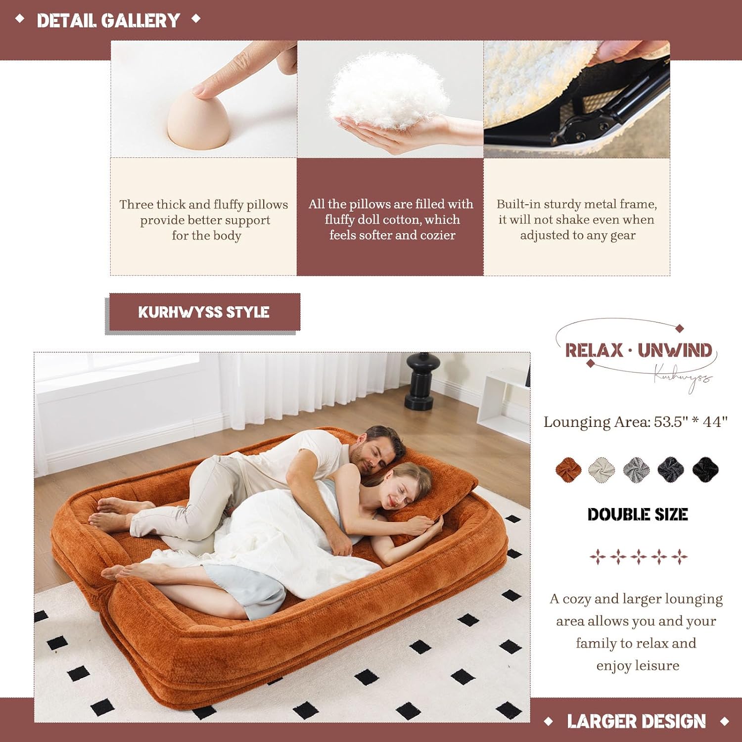 Extra Large Human Dog Bed for Adult & Pets, Convertible Floor Sofa Bed with 5 Adjustable Position, Lazy Couch Giant Bean Bag Lounge Chair Comfy Tatami with 3 Pillows for Bedroom Living Room (Orange)