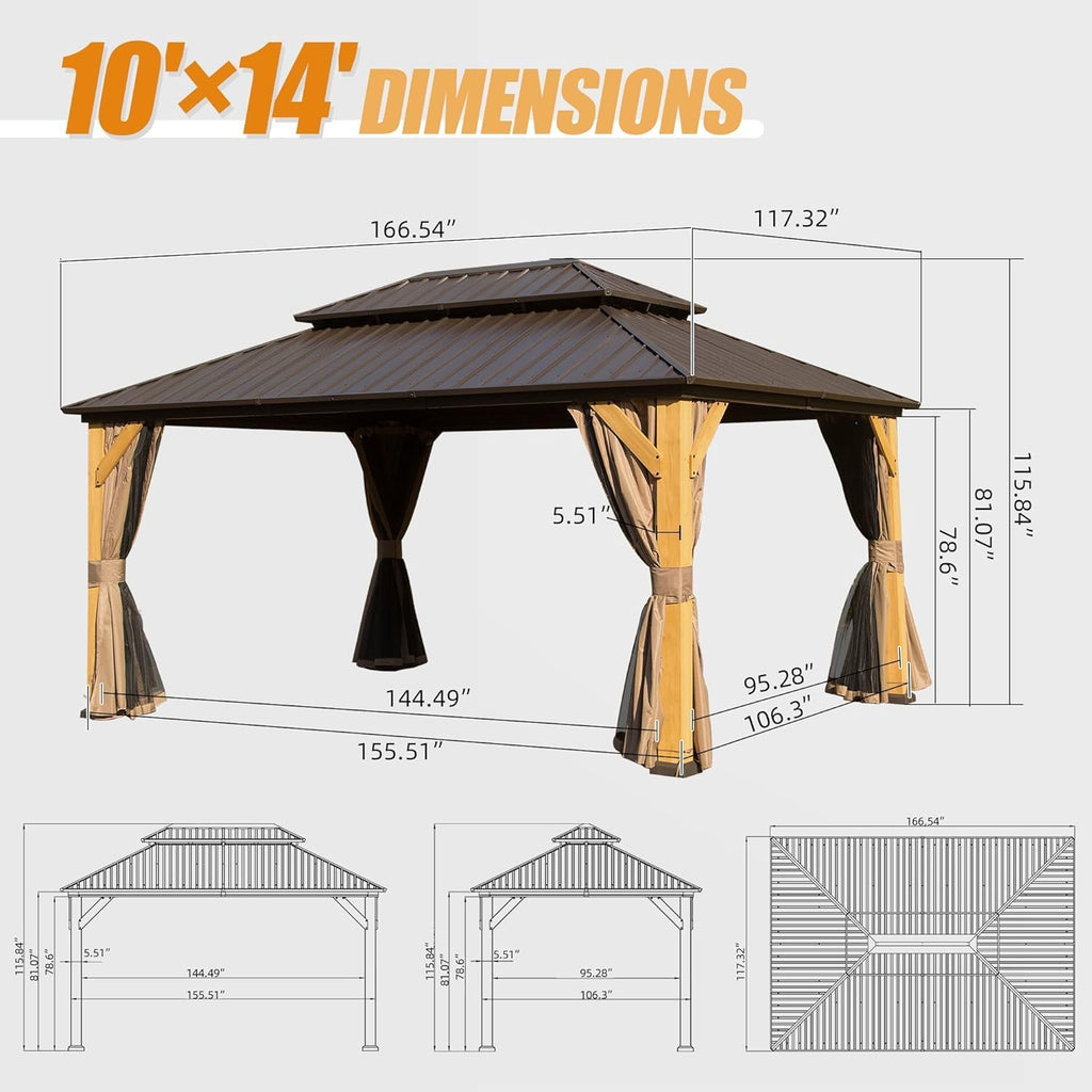 10x14FT Wood Gazebo, Solid Wood Hardtop Gazebo with Galvanized Steel Double Roof, Netting Curtains, Outdoor Gazebo for Patio, Backyard, Deck, Lawns