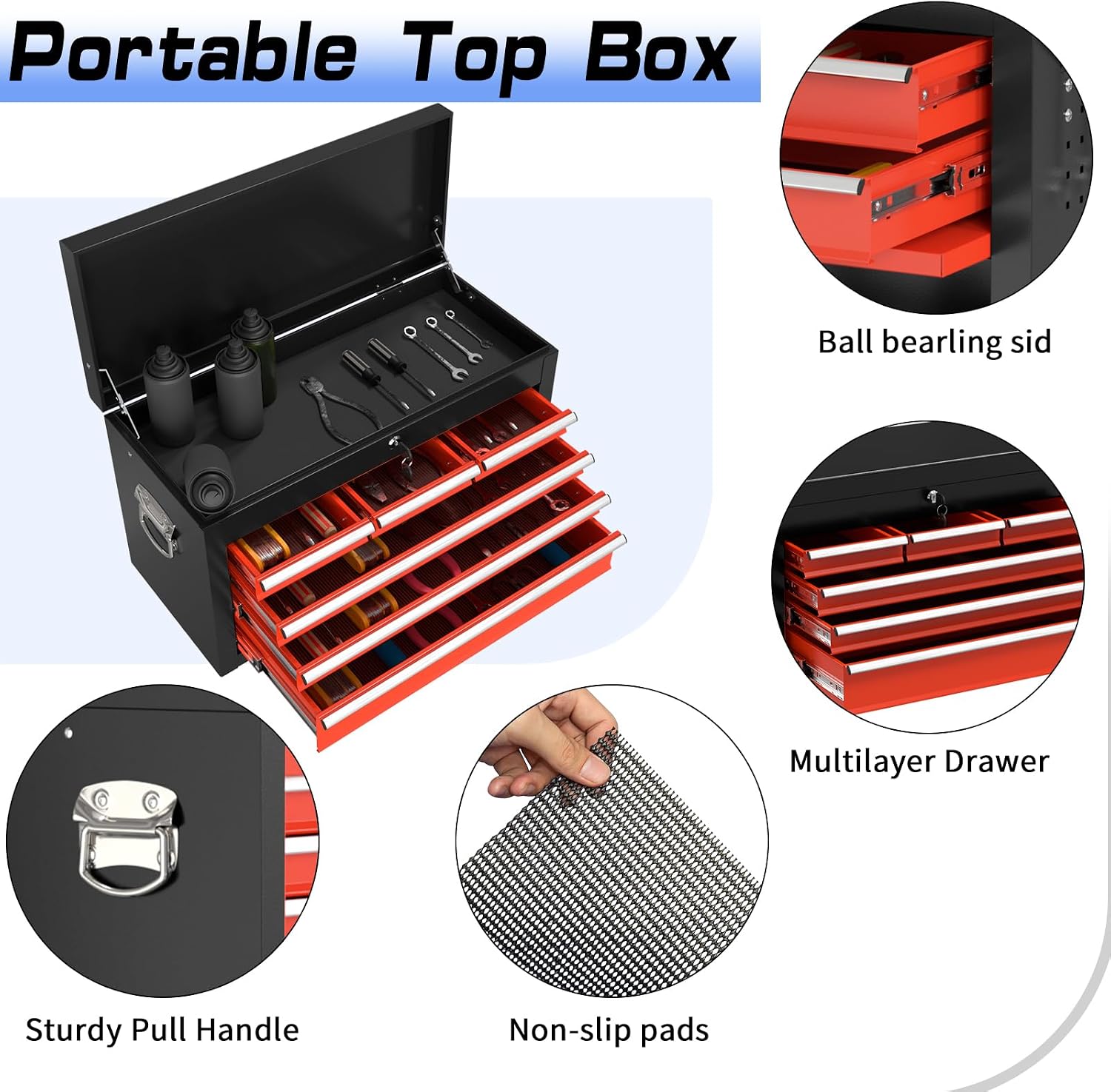 8-Drawer Rolling Tool Chest Tool Box,Removable Tool Storage Cabinet with 4 Wheels and Drawers,2 in 1 Portable Toolbox Organizer, Tool Chest with Lockable Drawer Gifts for Men (BlackRed)