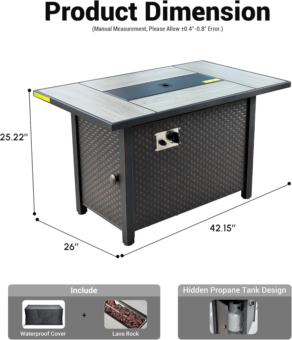 OVIOS 42' Outdoor Propane Fire Pit Table, 50,000 BTU Rectangular Steel Firepits with Ceramic Tabletop, Waterproof Cover, Lid, Lava Rock for Patio Deck Garden, Black