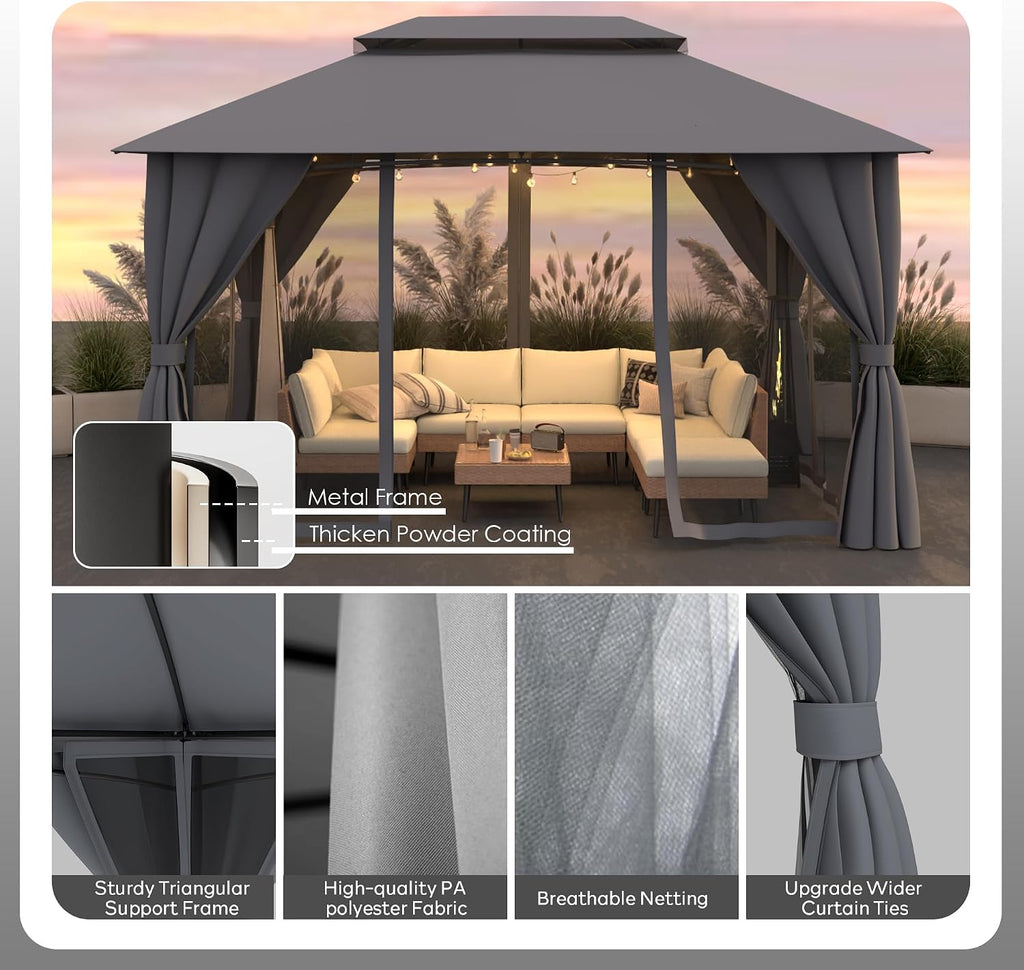 Gazebo 10x13 with Mosquito Netting & Privacy Screens. Double Roof Design Outdoor Gazebo with Powder-Coated Metal Frame for Patio, Deck, Backyard, Garden & Lawns(Dark Gray)