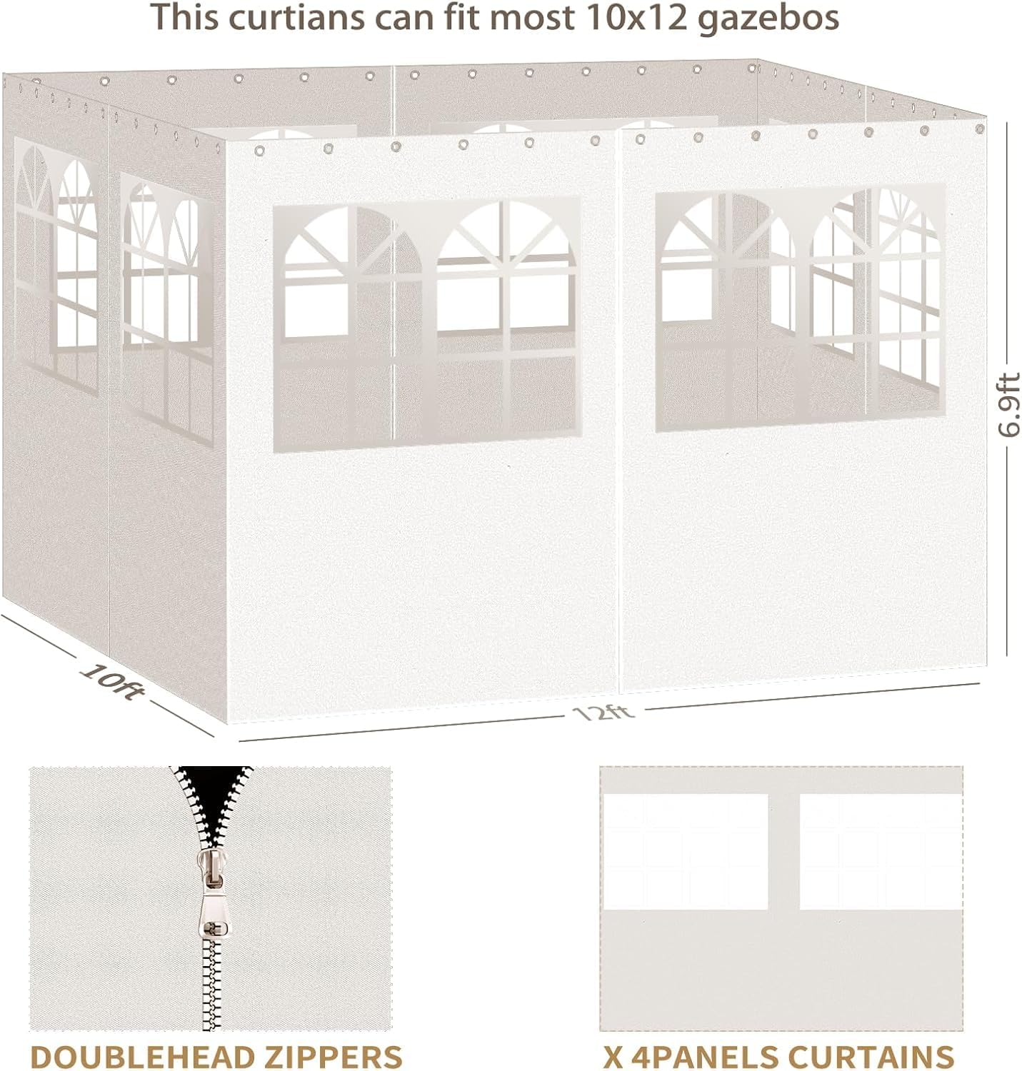 Gazebo Privacy Curtains 10' x 12' with PVC Windows, 4-Panels Side Wall with Zipper Universal Replacement for Patio, Outdoor Canopy, Garden and Backyard, Beige