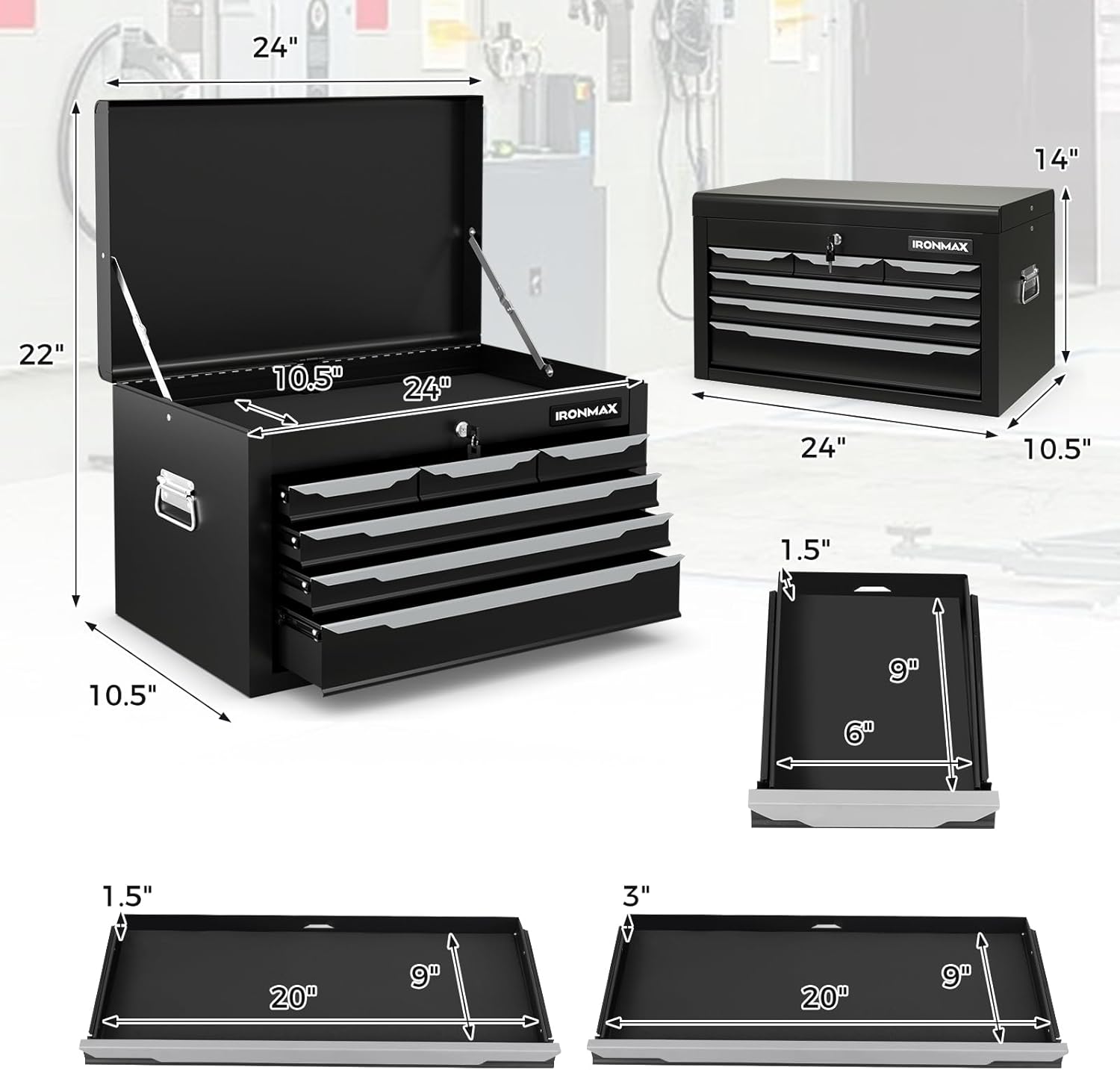 IRONMAX 6 Drawer Tool Box, 24' Lockable Toolbox with Top Tray, Portable Steel Storage Box Organizer, Heavy Duty Tool Chest Cabinet for Garage, Workshop, Repair Shop, Warehouse