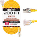 Iron Forge Cable 200 Foot Lighted Outdoor Extension Cord - 12/3 SJTW Heavy Duty Yellow Extension Cable with 3 Prong 15 AMP Grounded Plug for Safety