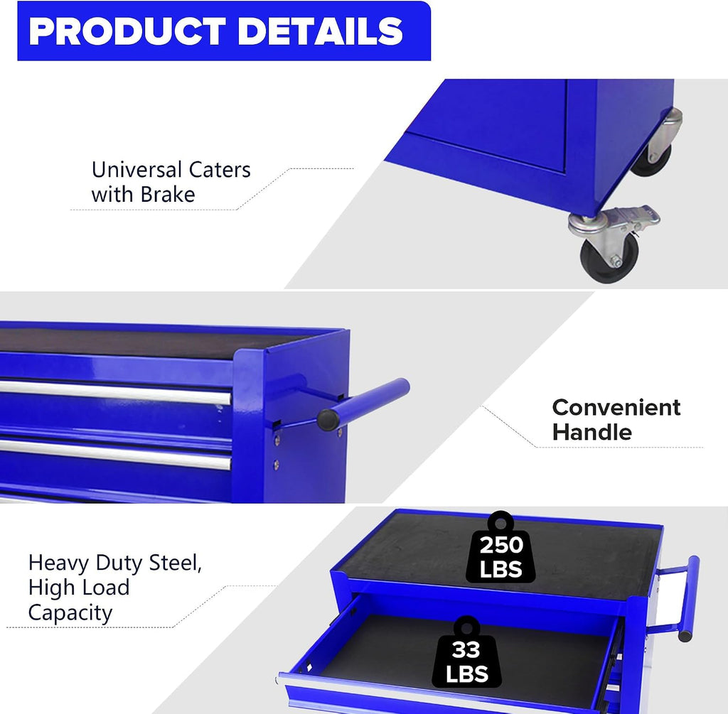4 Drawers Tool Cart on Wheels, Rolling Tool Box Tool Storage, Drawers Rolling Organizer Tool Case for Garage, Warehouse, Workshop, Repair Shop (4 Drawers-Blue)