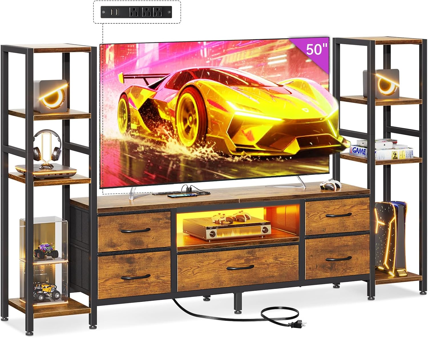 Casaottima TV Stand for 40/50/55 Inch TV, Low-Profile Entertainment Center with LED Lights & Power Outlet, TV Stand with Drawers & Open Shelves for Storage for Small Spaces/Gaming, Rustic Brown