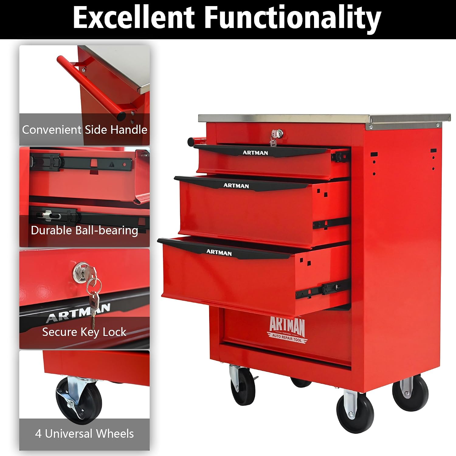 RYH 4/5/6/7 Drawers Rolling Tool Chest -Heavy Duty Mobile Metal Tool Box with Locking Wheels, with Stainless Steel Worktop, Garage Tool Storage Cabinet (Red, 4-Drawers 30.7' H×22.2' W)