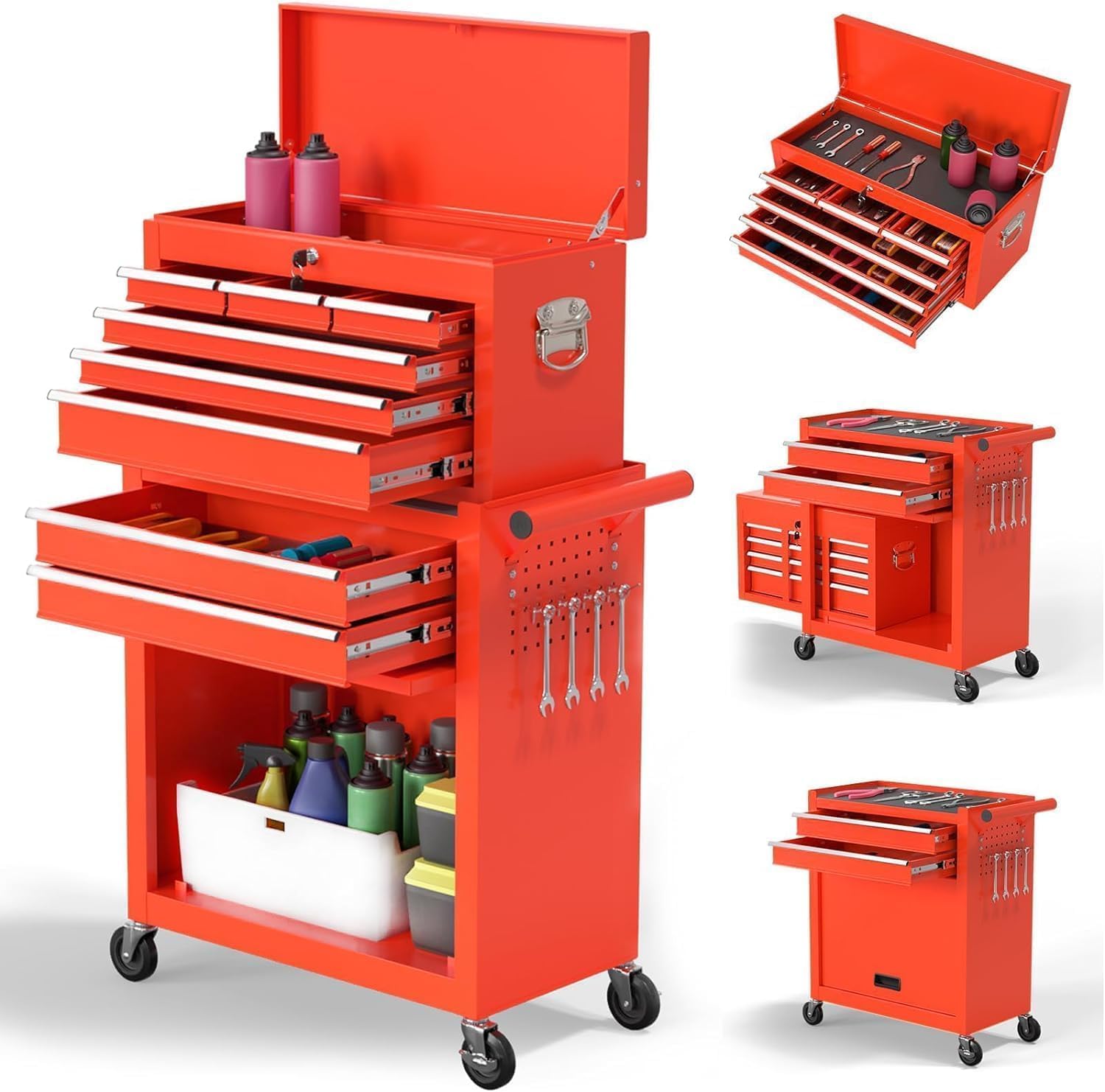 High Capacity Rolling Tool Boxes with Wheels and Drawers, 8-Drawer Storage Cabinet,Detachable Organizer Combo,Mobile Lockable Toolbox for Workshop Mechanics Garage (Red)