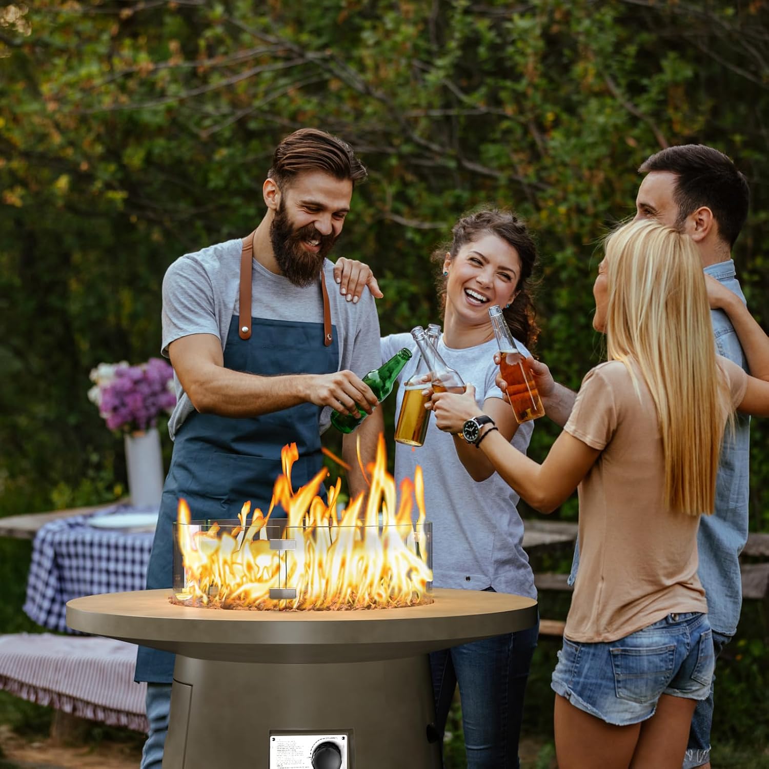 COSIEST 31.5-inch Round Fire Pit, Magnesium Oxide Outdoor Propane Fire Table, Certified, 40,000 BTU Stainless Steel Burner, Free Lava Rocks, Fits 20lb Tank Inside