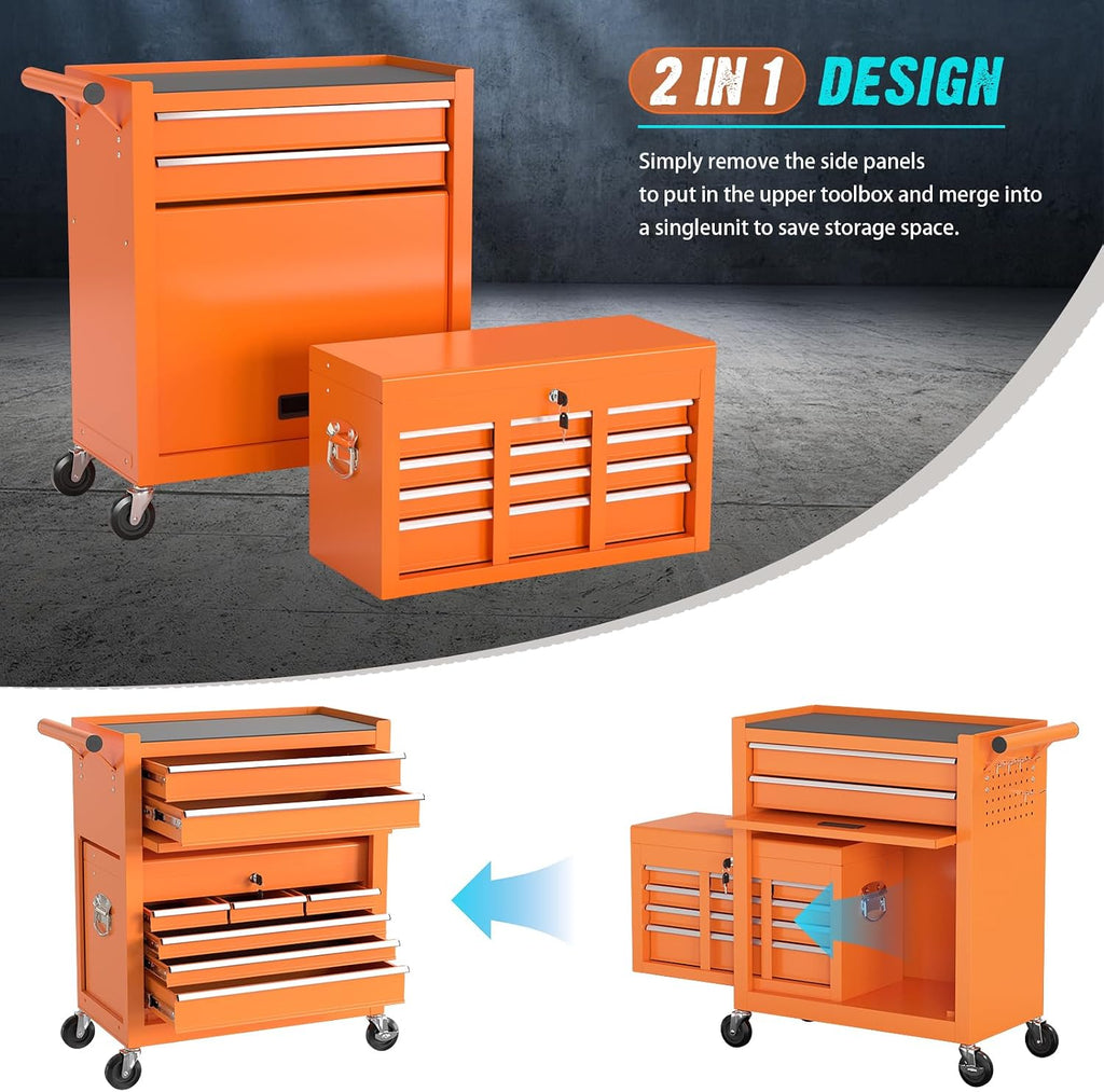 8-Drawer Rolling Tool Chest with Wheels, 2-in-1 Detachable Tool Box with Drawers and Large Cabinet, Rolling Tool Chest Storage Cabinet with Lockable for Warehouse, Garage, Workshop (Orange)