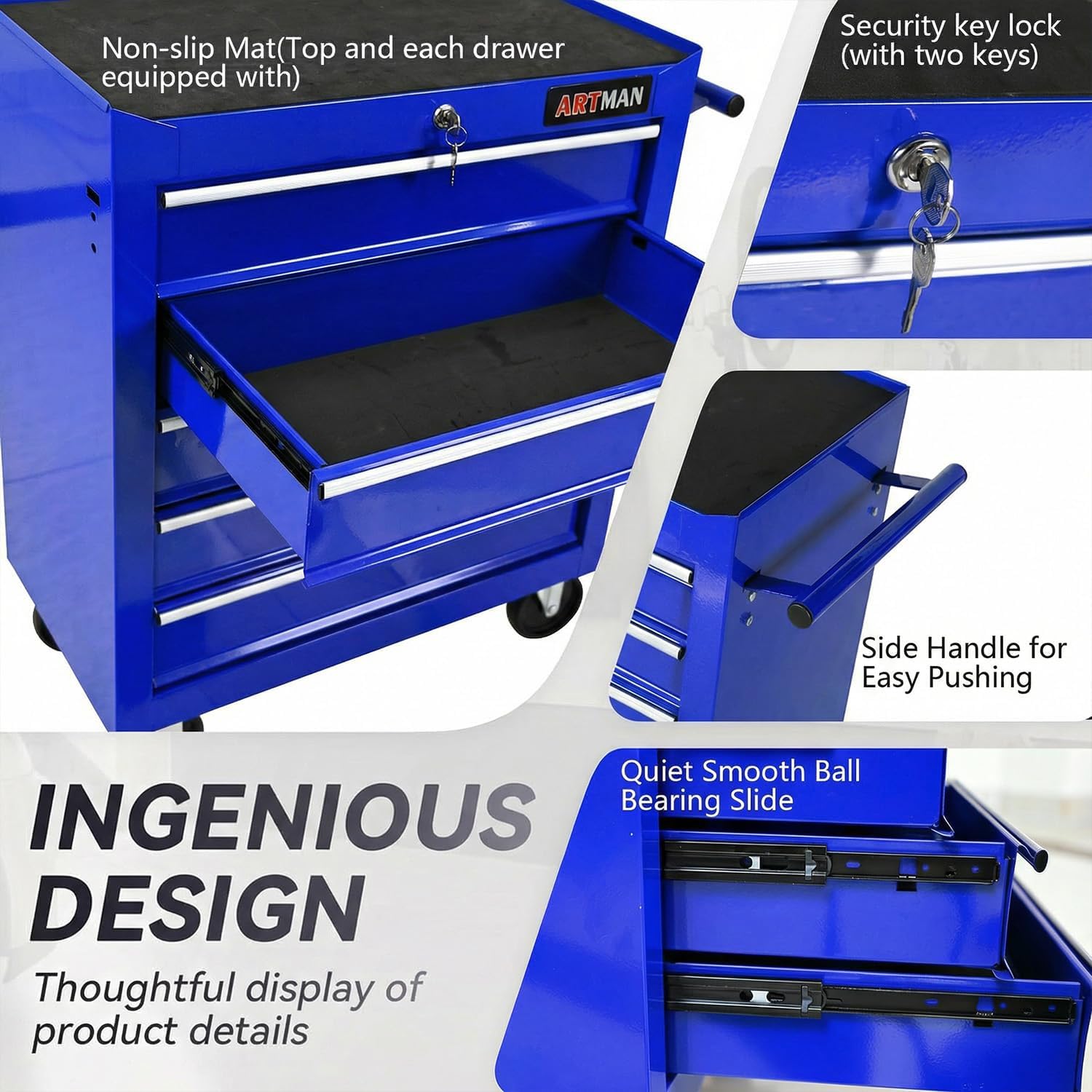 5 Drawers Tool Cart on Wheels,Rolling Tool Chest Tool Storage,Drawers Rolling Tool Trolley Organizer Tool Case for Garage, Warehouse, Workshop, Repair Shop (5 Drawers-Blue)