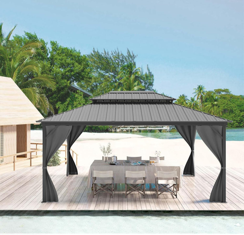 12x16FT Gazebo Hardtop Double Roof Canopy with Netting and Curtains,Outdoor Gazebo 2-Tier Hardtop Galvanized Iron Aluminum Frame for Patio, Backyard, Deck, and Lawns