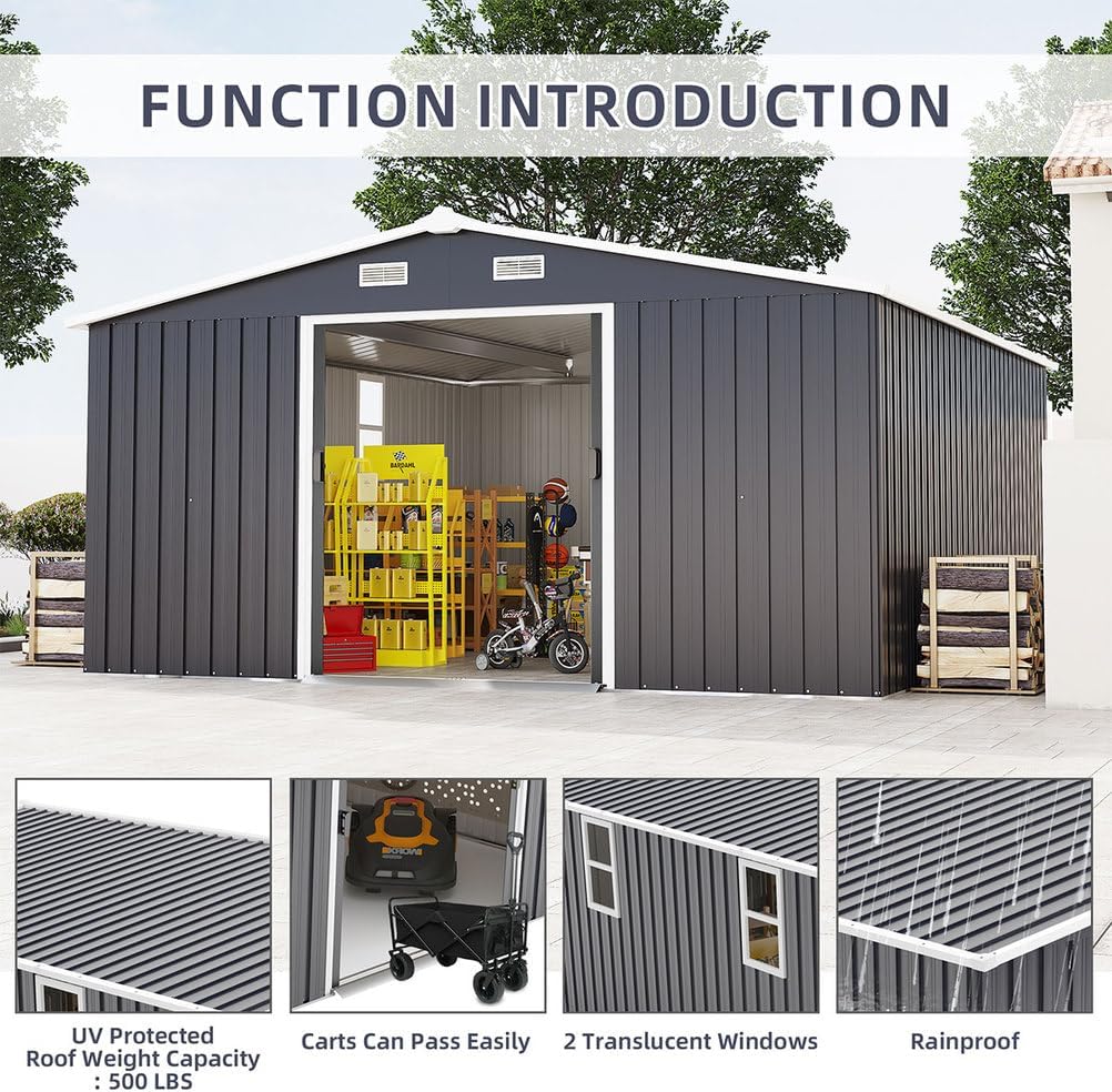 10x12 FT Outdoor Storage Shed, Extra Large Metal Garden Shed with Lockable Doors, Windows & Air Vents, Heavy-Duty Steel Backyard Utility Shed for Tools, Lawn Equipment, Motorcycles, Bikes, Patio,Gray