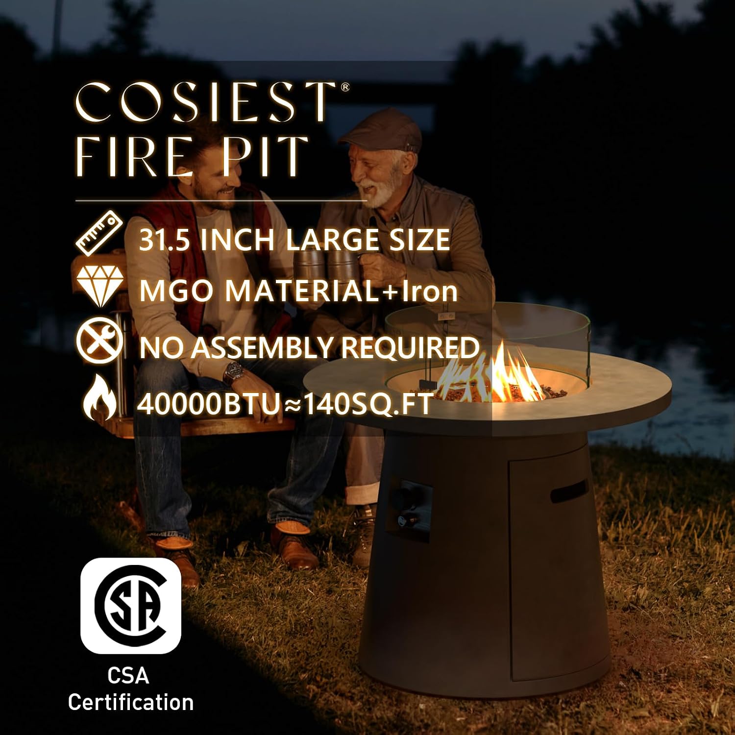 COSIEST 31.5-inch Round Fire Pit, Magnesium Oxide Outdoor Propane Fire Table, Certified, 40,000 BTU Stainless Steel Burner, Free Lava Rocks, Fits 20lb Tank Inside