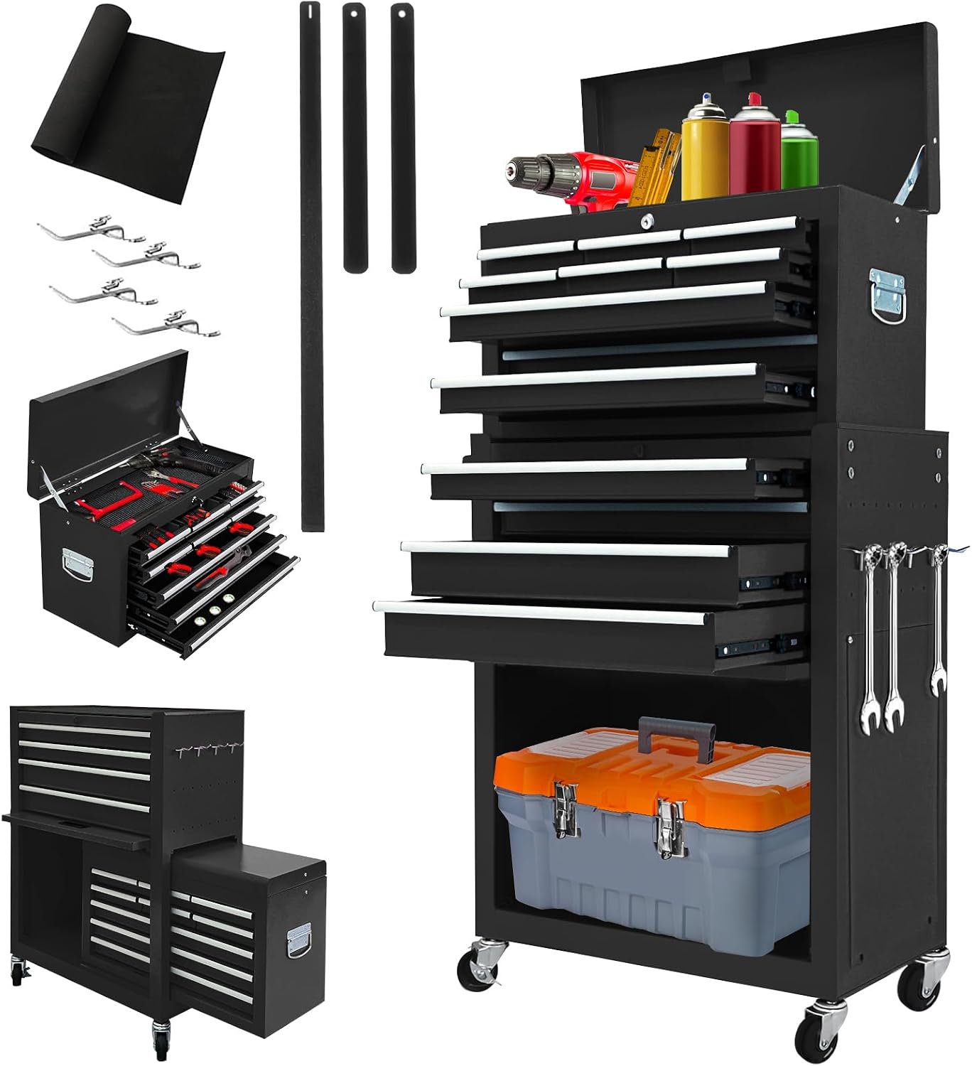 13-Drawer Tool Chest with Wheels, 2 in 1 Detachable Rolling Toolbox with Drawers, Large Tool Box with Lock, Mobile Steel Tool Cabinet Storage for Warehouse, Garage (Black)