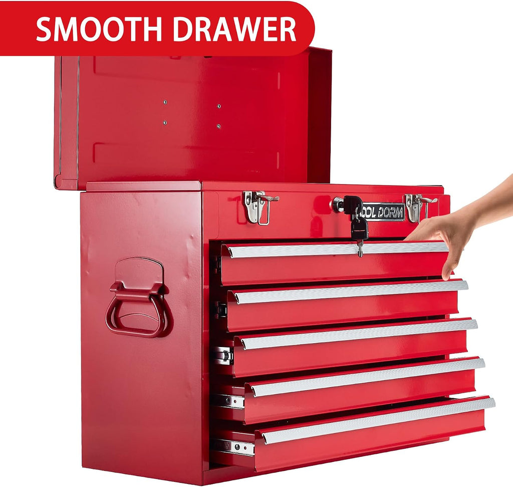 Metal Tool Box with 5 Drawers Portable Steel Tool Chest with Metal Cylinder Lock and Latch Closure, Liner, Red Powder coating, suitable for Garage, Warehouse and Outdoor Repair job