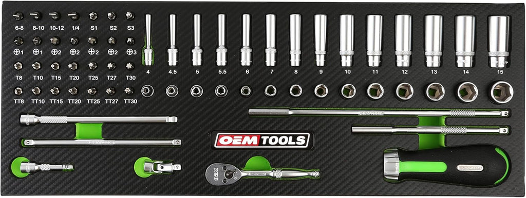 OEMTOOLS 23997 Socket Set 64PC, 1/4' Drive Mechanic Tool Set, Socket Wrench Set Hard Chrome Finish, No-Slip Sockets, Ratchet Set and Extensions for Tight Spaces