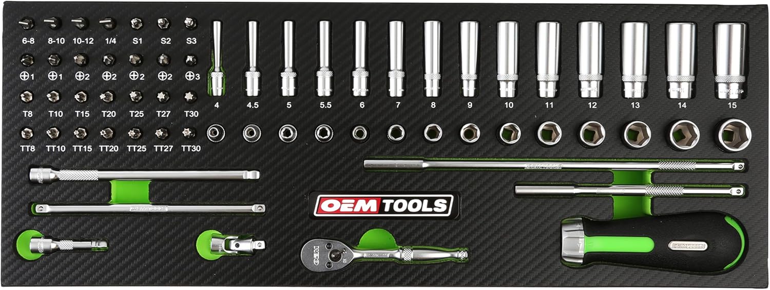 OEMTOOLS 23997 Socket Set 64PC, 1/4' Drive Mechanic Tool Set, Socket Wrench Set Hard Chrome Finish, No-Slip Sockets, Ratchet Set and Extensions for Tight Spaces