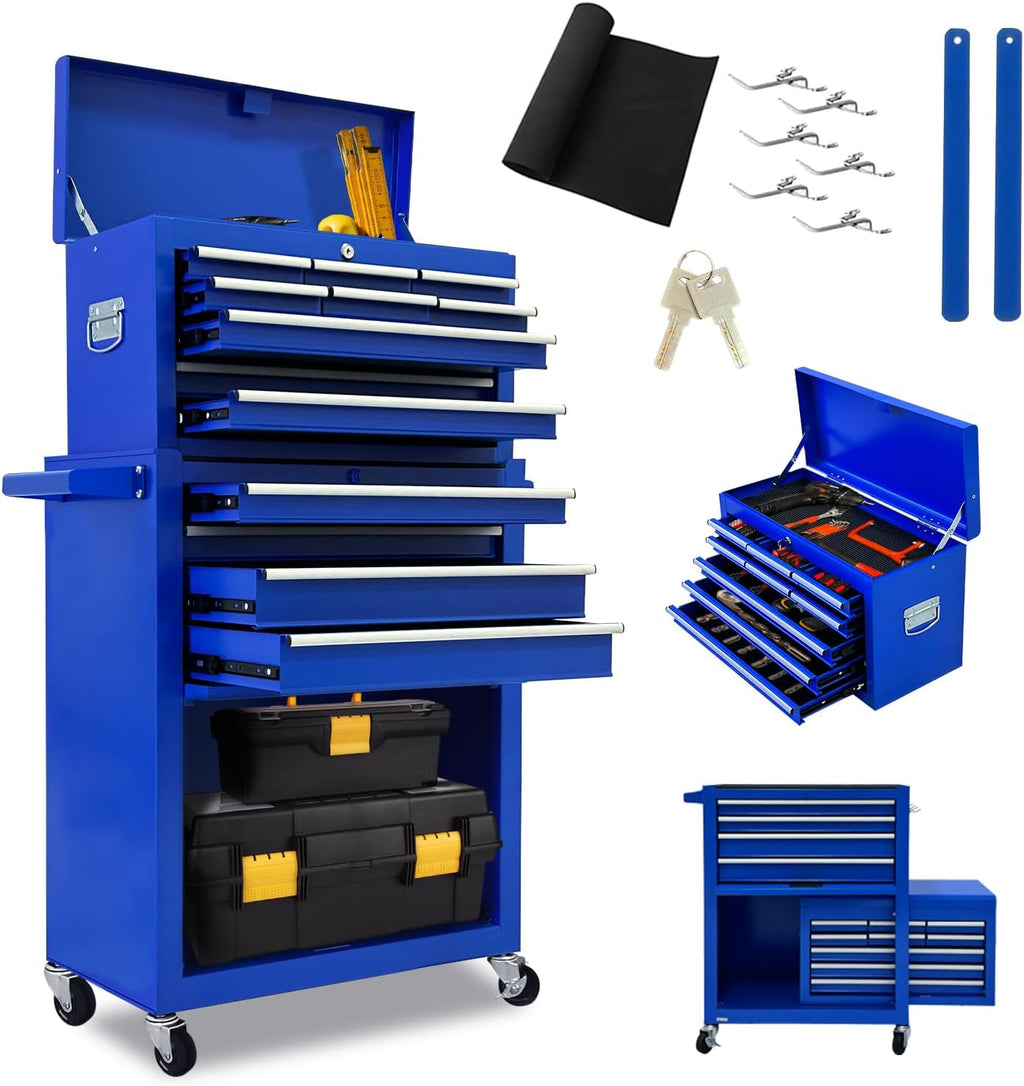 13 Drawers Tool Chest with Wheels,Large Capacity Tool Storage Cabinet with Removable Top Toolbox, Locking Mechanical Tool Cart with Liner,Suitable for Garages, Warehouses-Blue