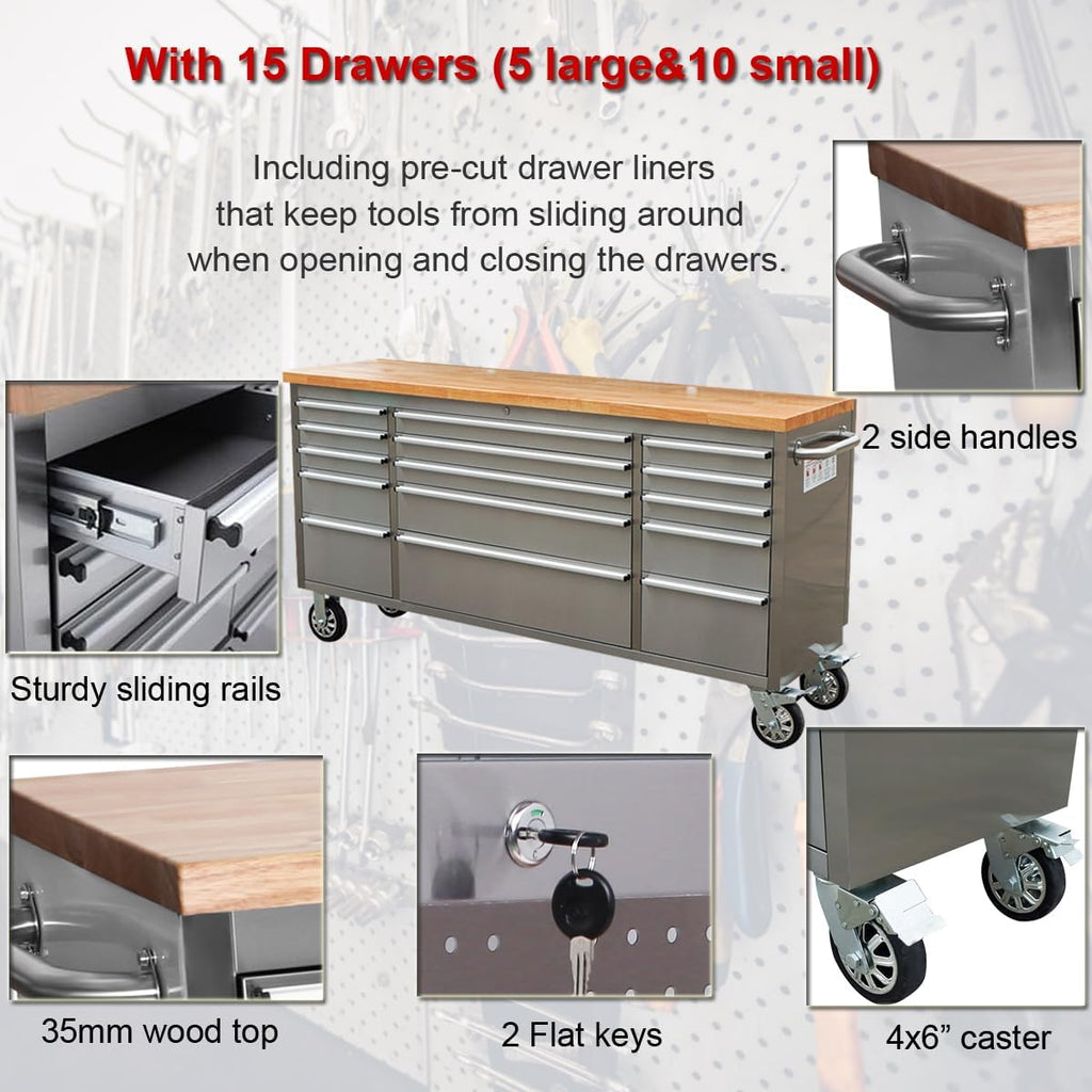 72-inch Stainless Steel Rolling Tool Chest with 15 Drawers, Mobile Workbench, Assembled Large Tool Box Lockable Storage Cabinet with Wheels for Garage Workshop (72'' w/15 Drawers)