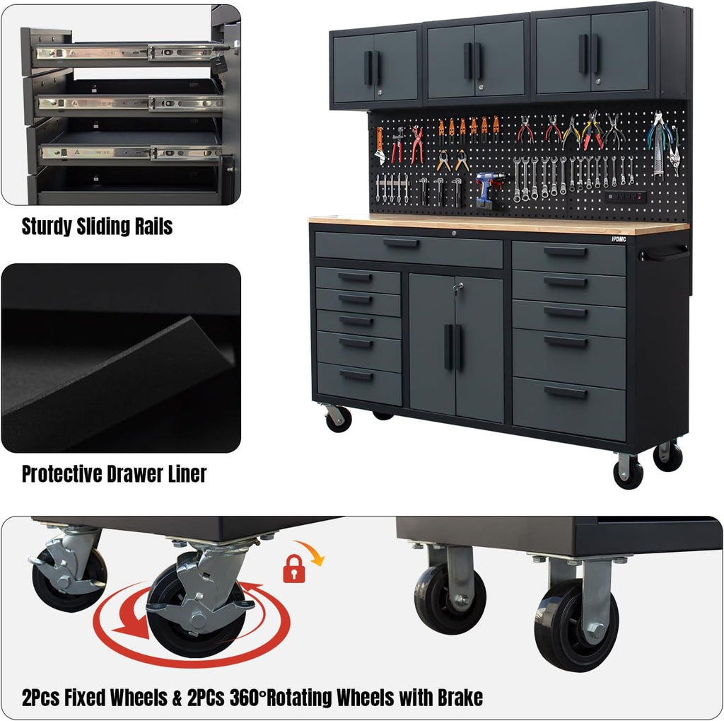 72in Rolling Tool Chest Cabinet, 2PCS Mobile Garage Workbench Heavy-Duty Tool Cabinet on Wheels with 11 Drawers, 2-Door Cabinet, 3 Top Cabinet, Pegboard & Power Strip for Tool Organization