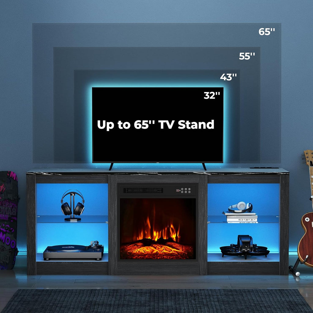 Electric Fireplace TV Stand for TVs Up to 65', 58' Entertainment Center Console Table with 18' Fireplace/LED Light/Power Outlet/Adjustable Shelves/Faux Marble Top for Living Room, Black