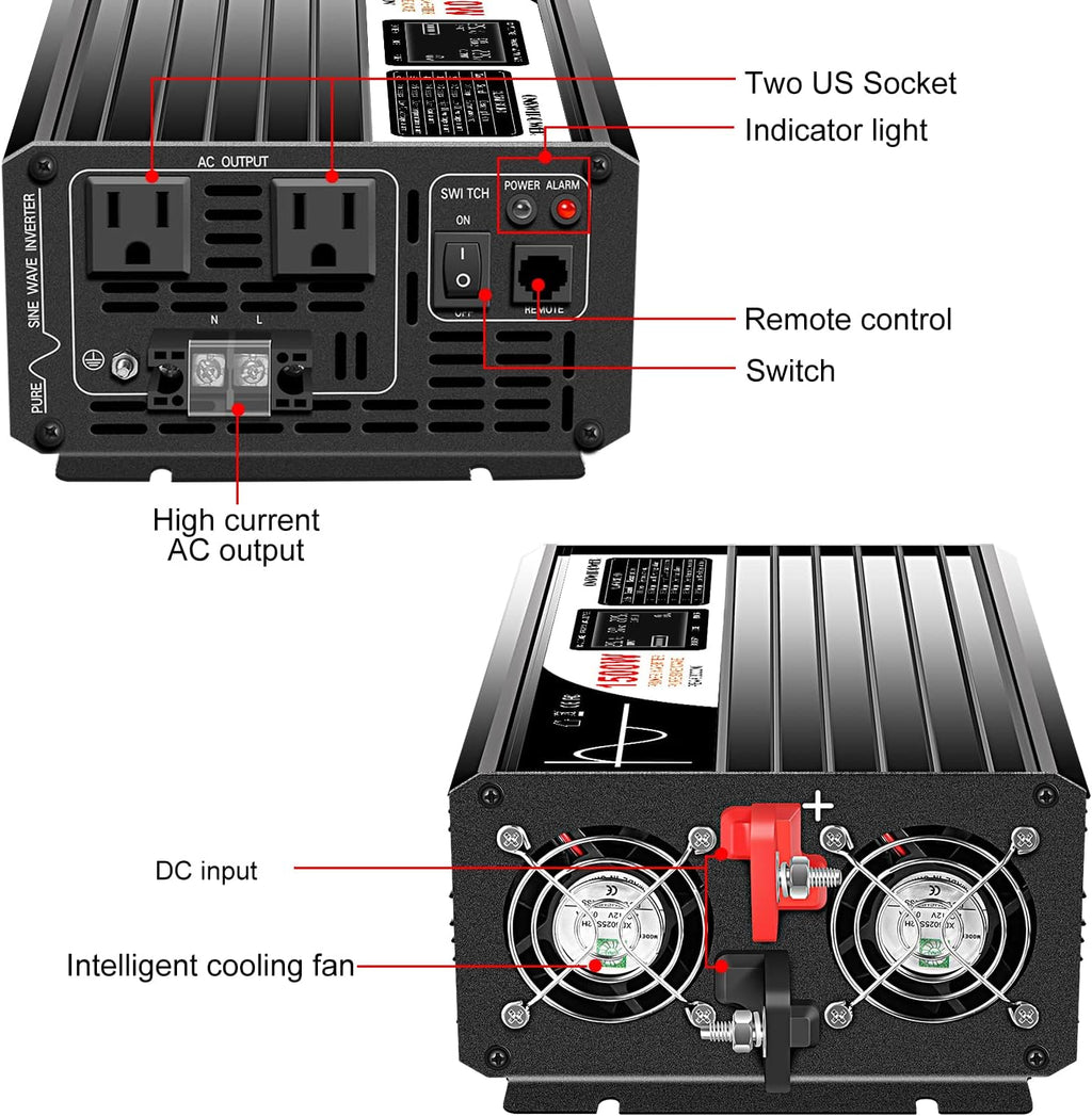 Xijia 1500W Power Inverter，12V to 120V Pure Sine Wave Inverter，Surge 3000W Solar Converter for Truck，Home Backup Solar Systems ，with Bluetooth Remote Control