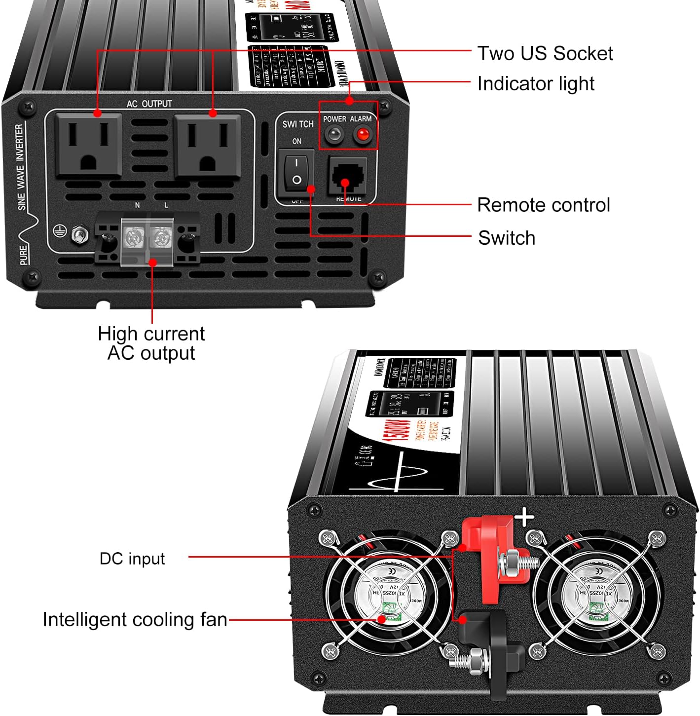 Xijia 1500W Power Inverter，12V to 120V Pure Sine Wave Inverter，Surge 3000W Solar Converter for Truck，Home Backup Solar Systems ，with Bluetooth Remote Control