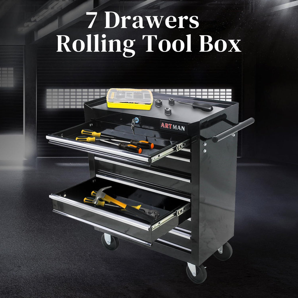 Rolling Tool Chest with 7-Drawer Tool Box with Wheels Multifunctional Tool Cart Mechanic Tool Storage Cabinet for Garage, Warehouse, Workshop, Repair Shop (Black)