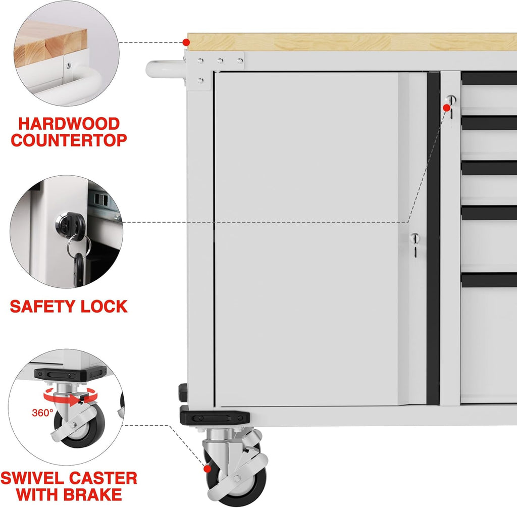 WORKPRO 52' x 20' 5-Drawer & 1-Door Rolling Tool Chest, Heavy Duty Tool Chest with Wheels, Power Strip, Locking System, Rolling Cabinet for Garage, Home & Kitchen, 1000 lbs Capacity